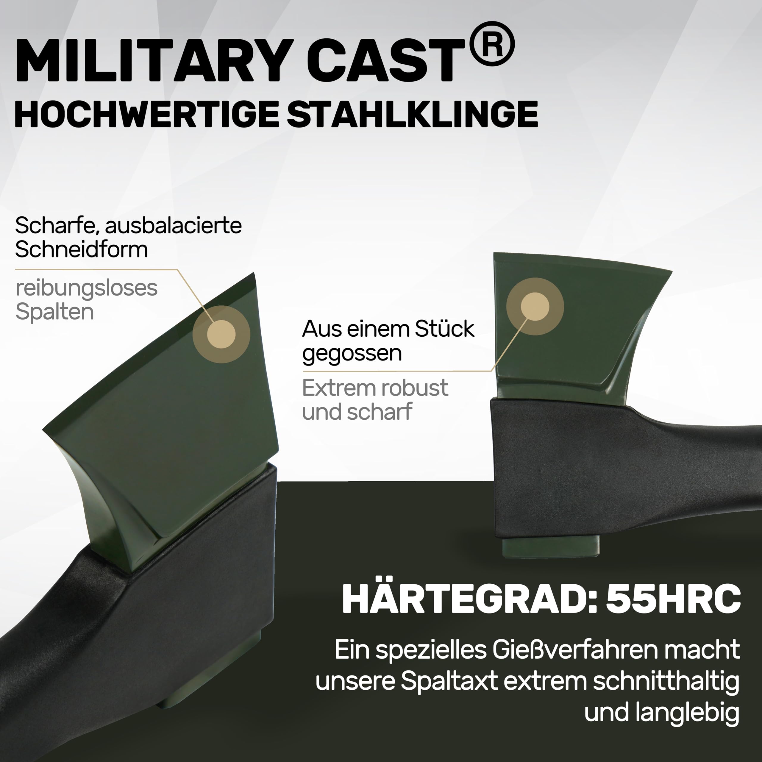 Spaltaxt, Spalthammer [ ErgoFiber™ - Glasfaserverstärkter Griff ] MilitaryCast, Inklusive Klingen-/Transportschutz, Antihaftbeschichtet, Hochwertige Stahl-Klinge [77cm; 2.3 kg]