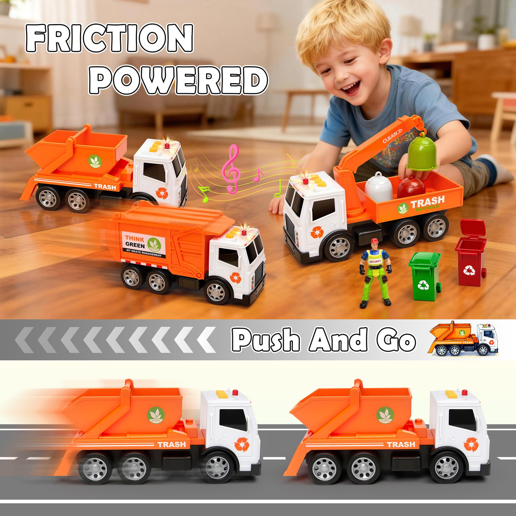 BunnyJOY Müllauto Spielzeug Set für Kinder ab 3 Jahre, LKW mit Licht & Sound, Friktion Müllwagen, Kranwagen, Müllkipper & Hecklader inkl. Mülltonnen & Figur, Lernspielzeug Geschenk