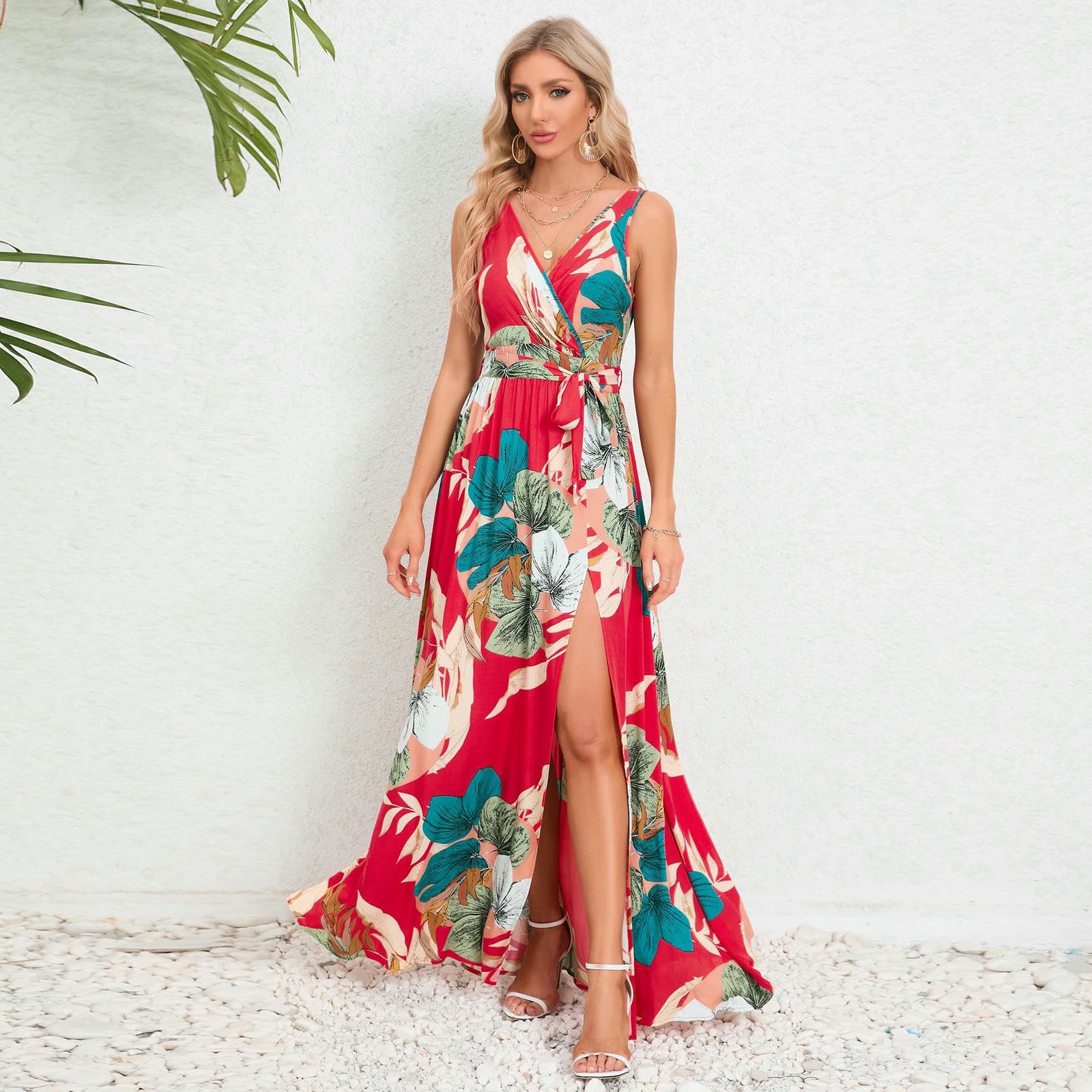 Vestito Donna Elegante Abito Estivo delle Donne con Scollo A V Bretelle Senza Maniche Stampa Fessura Stile di Vacanza Cravatta Vita Alta da Spiaggia-Bianco-l