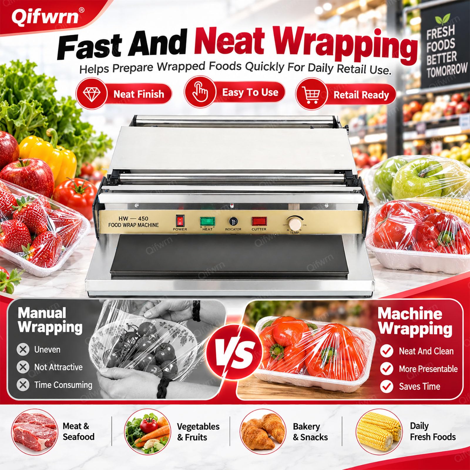 Machine Demballage Alimentaire 300 W, Machine Demballage De Film Étirable Avec Plaque Chauffante, Contrôle De La Température Et Coupe-film, Jusquà 450 Mm, Pour Fruits, Légumes, Viande