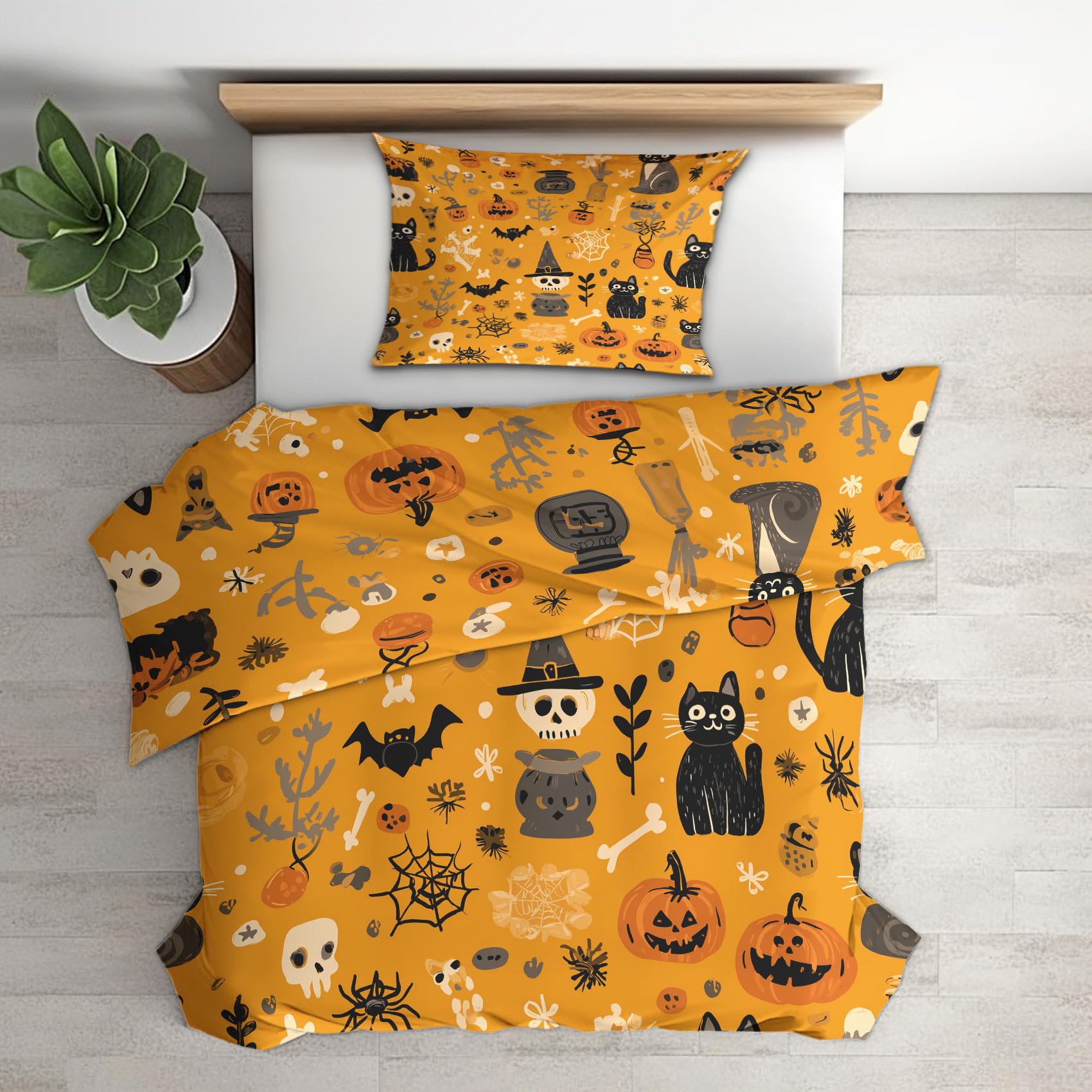 Generisch Bettwäsche 200x200 Kinder Halloween Design, 3teilig - Orange Totenkopf Kürbis Bettbezug und 2 Kissenbezug 80x80, Wendebettwäsche, Schlafzimmer Deko, Mikrofaser, mit Reißverschluss (K-19P)