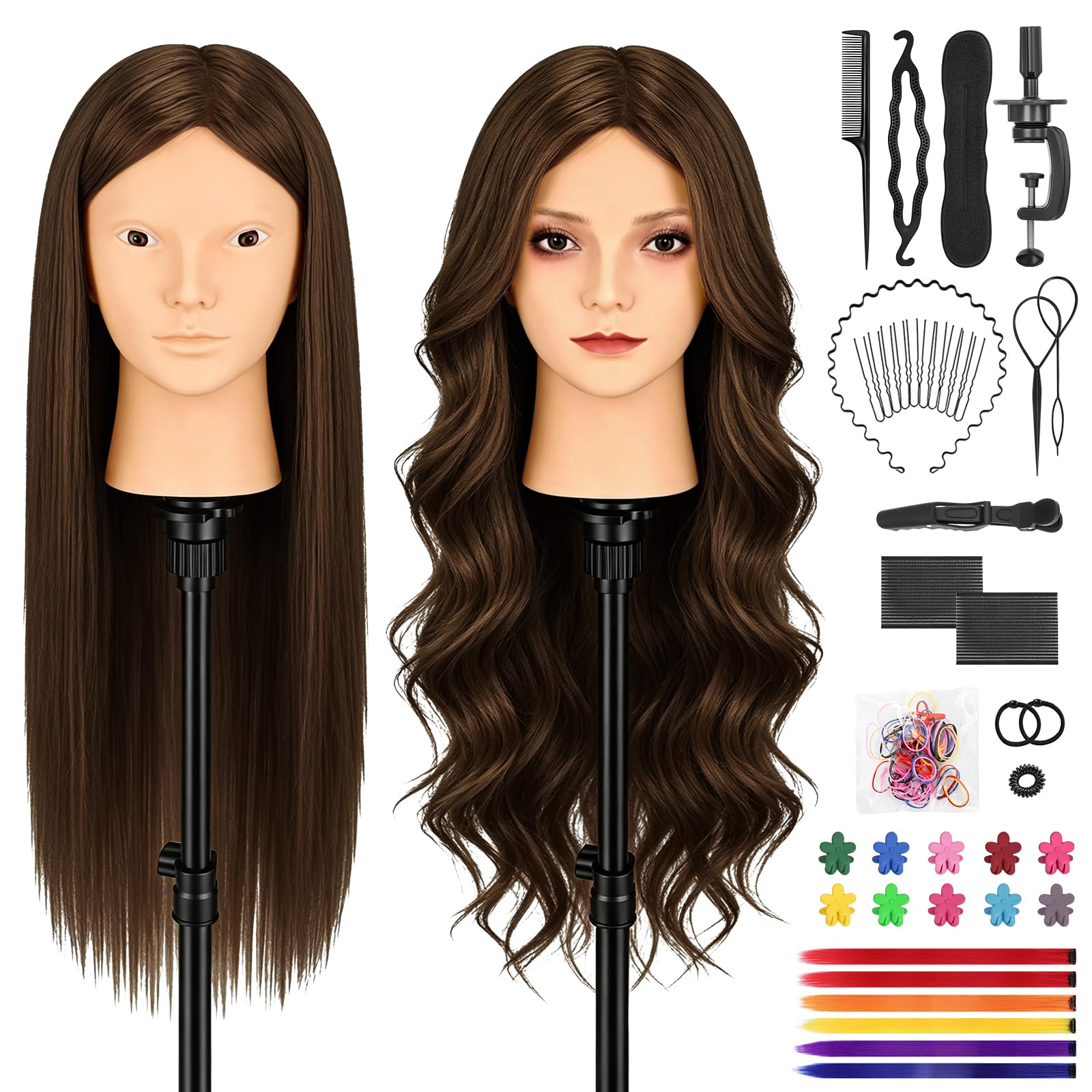 TwoWin Friseurkopf Echthaar, 26 Zoll (66 cm) 80% Haaren Mannequin Frisierkopf, Trainingskopf für Friseure für Styling & Friseurpraxis mit DIY Haare Frisuren Set (Rosa + Gelb)