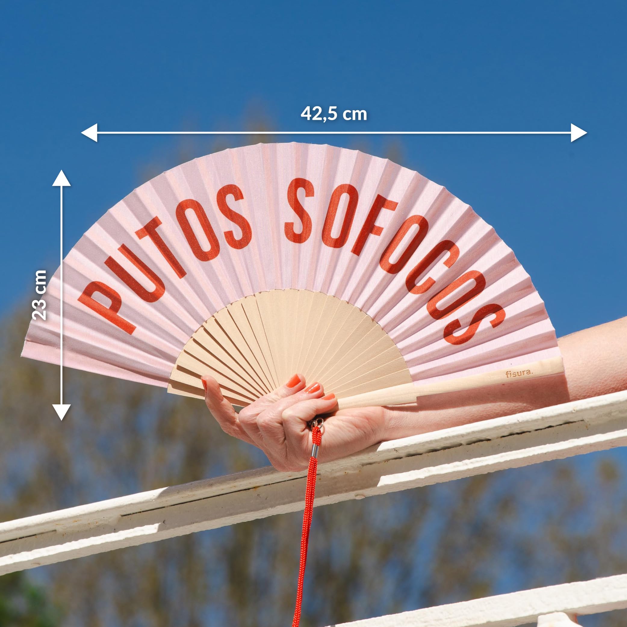 Fisura – Abanico original con mensaje “p*tos sofocos”. Abanico de madera moderno y gracioso. Abanico rosa y rojo. Abanico con cuelga abanico. 42,5 x 23 cm.