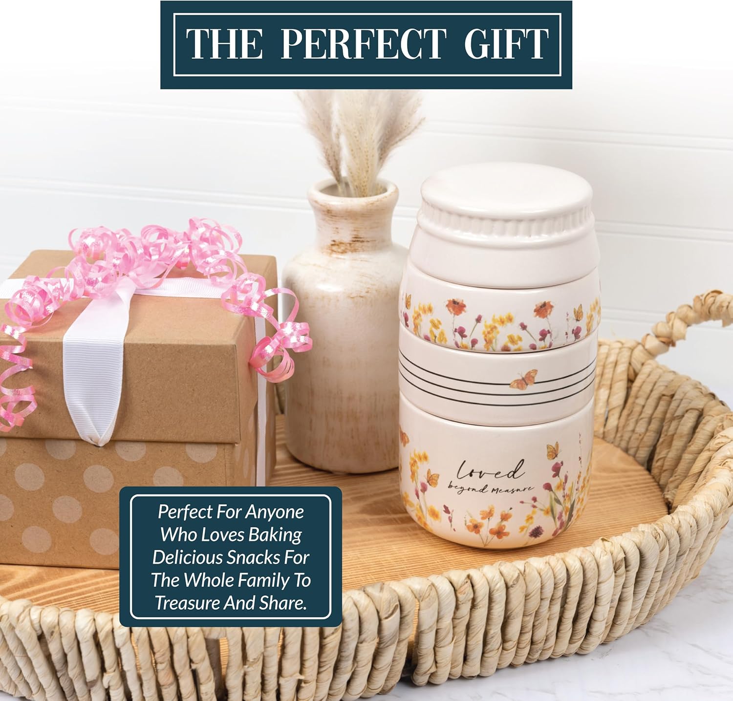 Pavilion Gift Company - Loved Beyond Measure - 6-inch Stackable Ceramic Kitchen Measuring Cup - ¼, ⅓, ½, 1 Cup, Rustic, Antique, Farmhouse Design For Kitchen, Mason Jar Measuring Cup, 1 Count, Cream