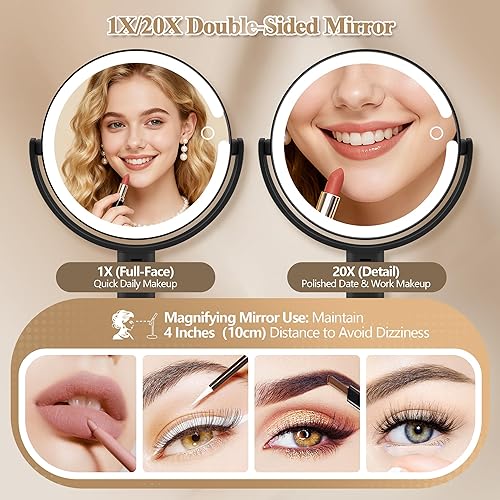 Vista 11 de Espejo de maquillaje con luces, espejo de aumento de doble cara 1x/20x con luz, recargable de 3 luces de color y brillo ajustable, rotación de 360°