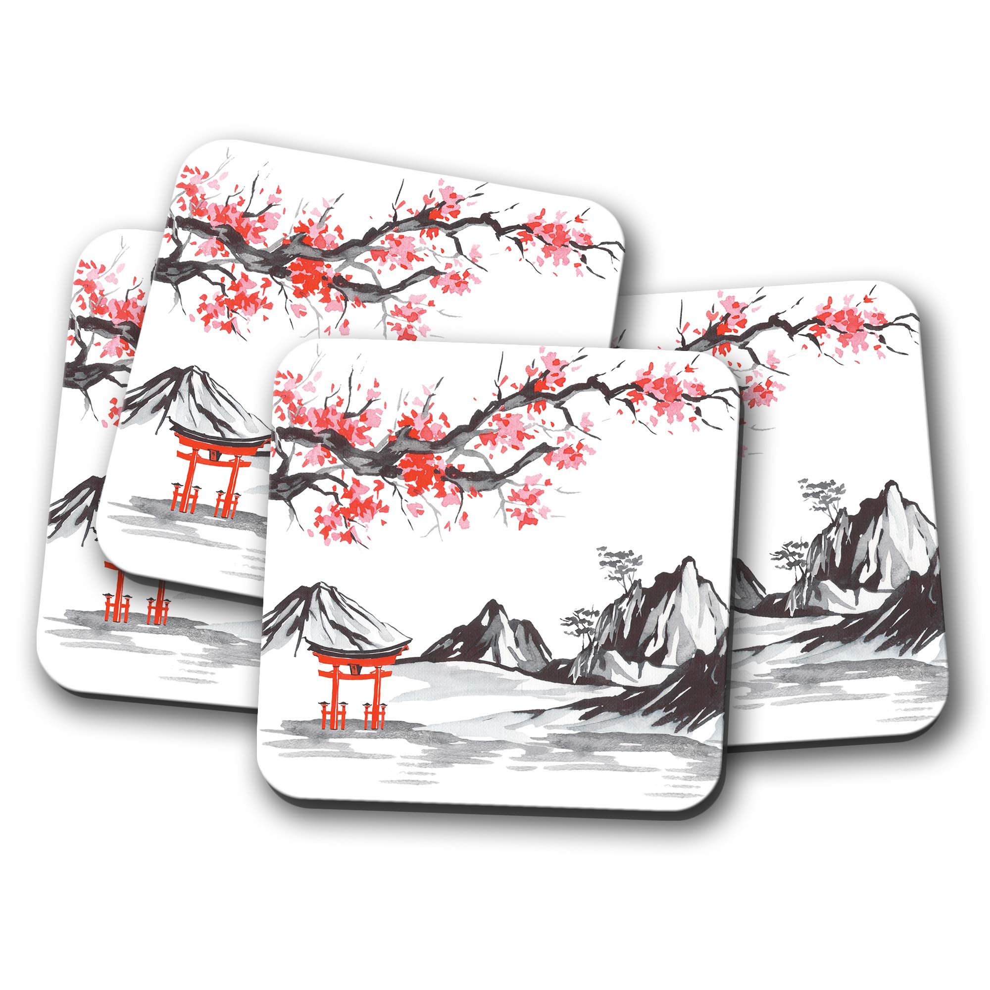 Destination Vinyl Ltd 4 Set - Japanese Scene Coaster - Cherry Blossom Mountains Snow #12791