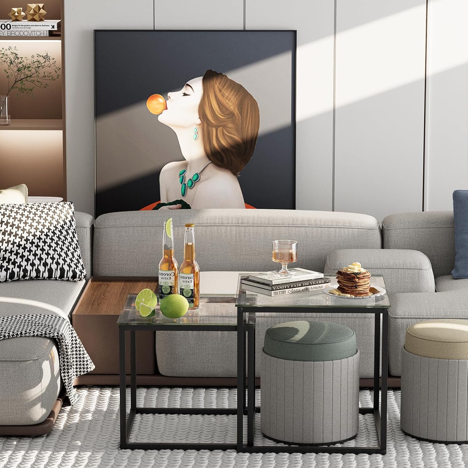 Juego de 2 mesas de centro cuadradas, salón moderno, mesa de café de cristal, auxiliar 50/45 cm, negro