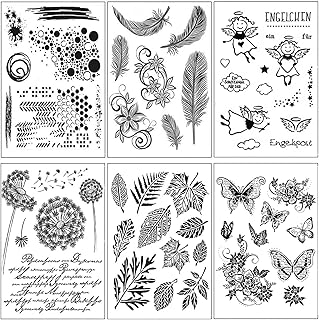 Silikonstempel Blätter Kreis Feder und Löwenzahn Set,6 Blätter Clear Stamps Schmetterling Engel Set für DIY Bullet Journal Scrapbooking Fotoalbum Geburtstag Stempelset