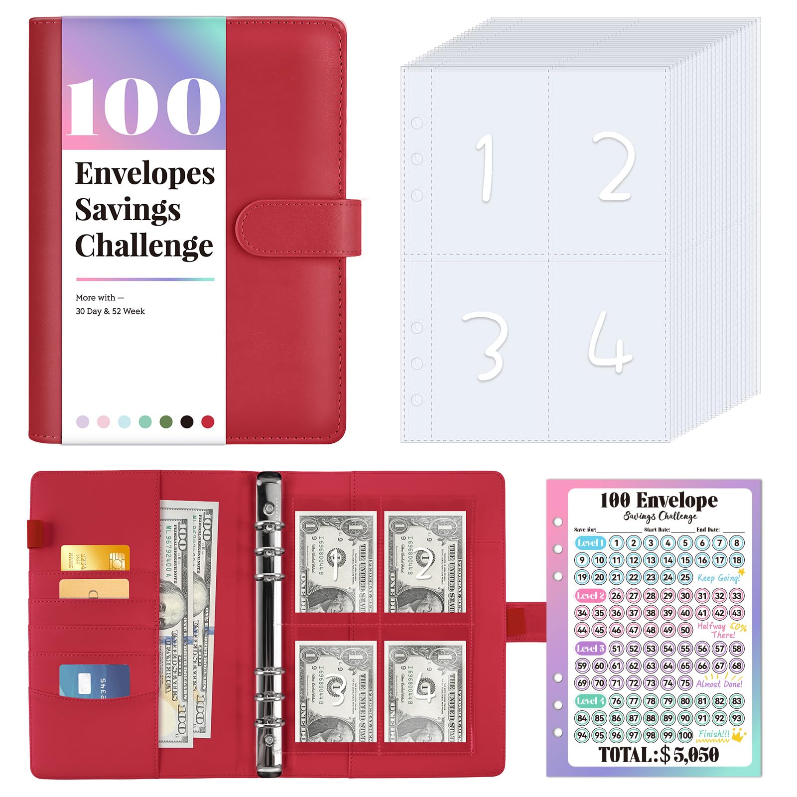 Sooez 100 Envelope Savings Challenge Book with 100 Pocket Pre-numbered & Reusable Laminated Tracker