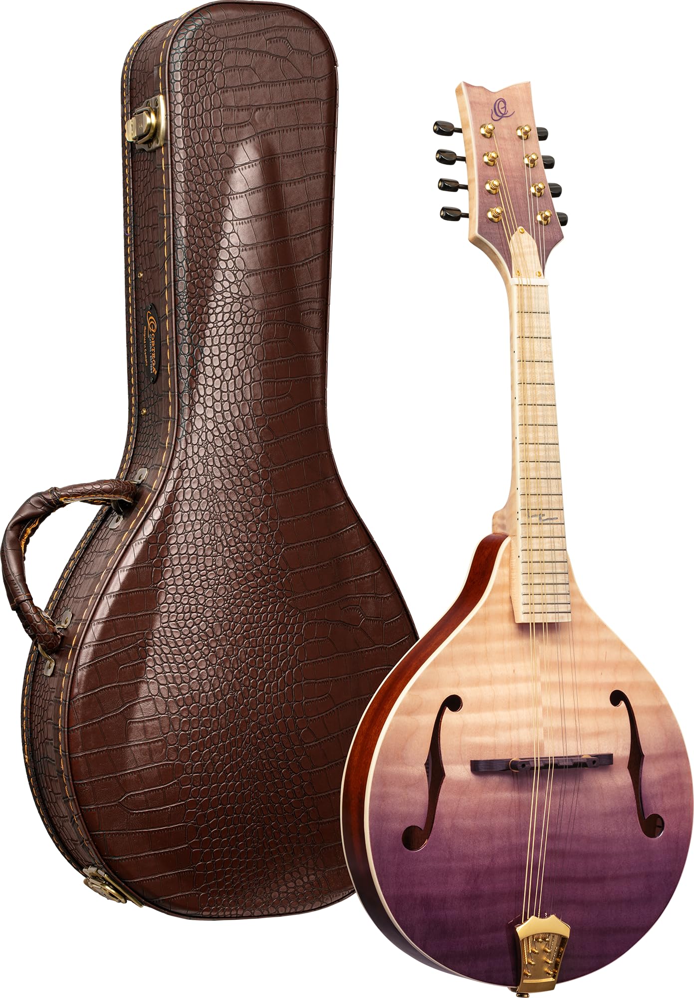 Ortega Mandoline im A-Stil, Oberseite aus massivem geflammtem Ahorn, mit Deluxe-Etui, transparentes violettes Verblassen (RMA200PF)