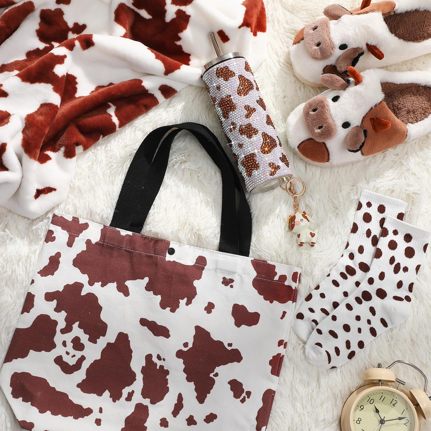 6 Pcs Cow Gifts Sets for Women Includes Cow Tumbler Blanket Socks Slippers Tote Bag Key Chain for Coworker Teacher Mother Nurse Day Farm Birthday Animal Lover - Image 6