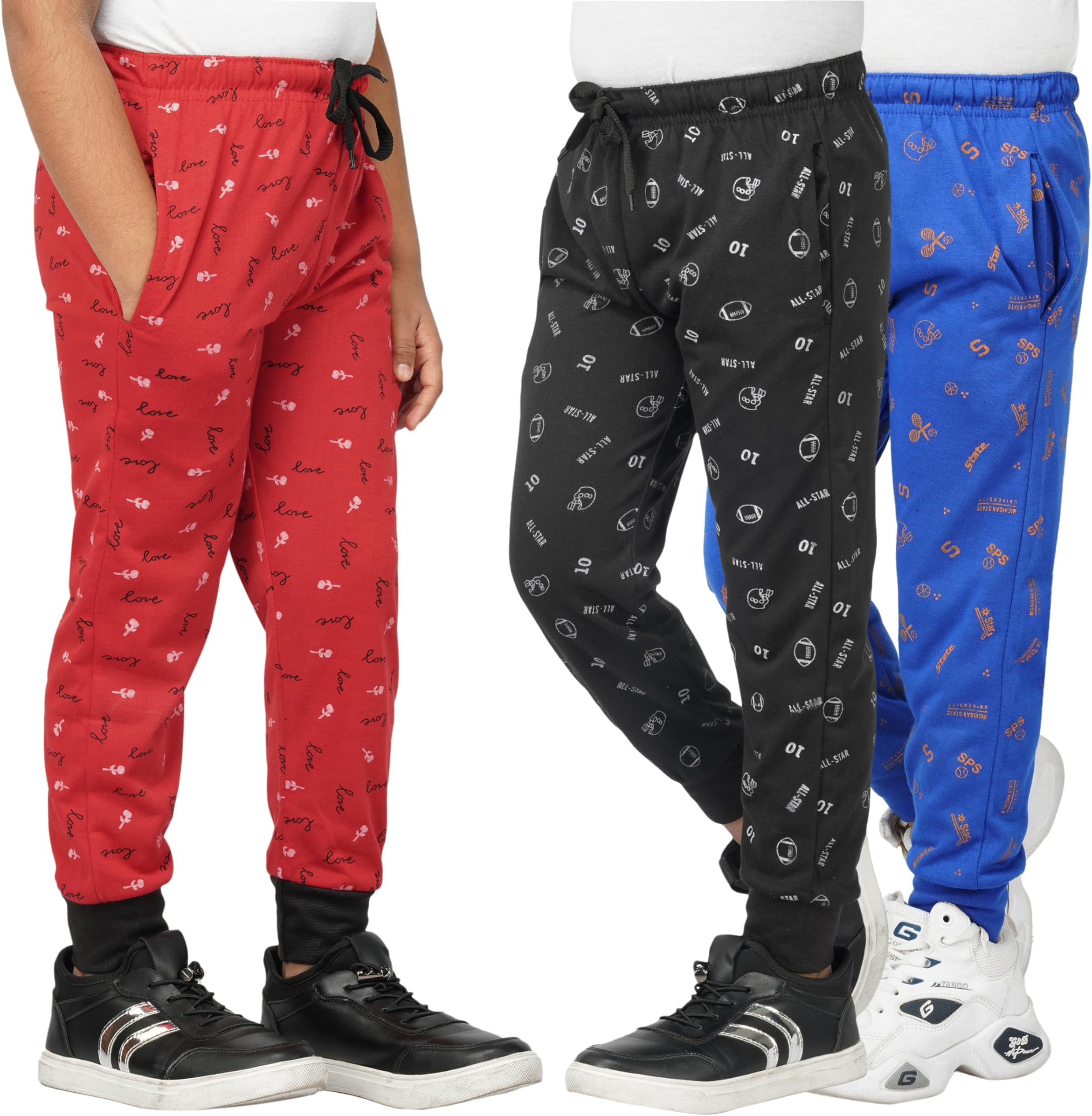 SAYAMAPack of 3 Cotton Blend Soft Fabric Gripper Stylish Kids Lower and Regular Fit Track Pants for Boys | Unisex Soft and Printed Casual Lounge Pants