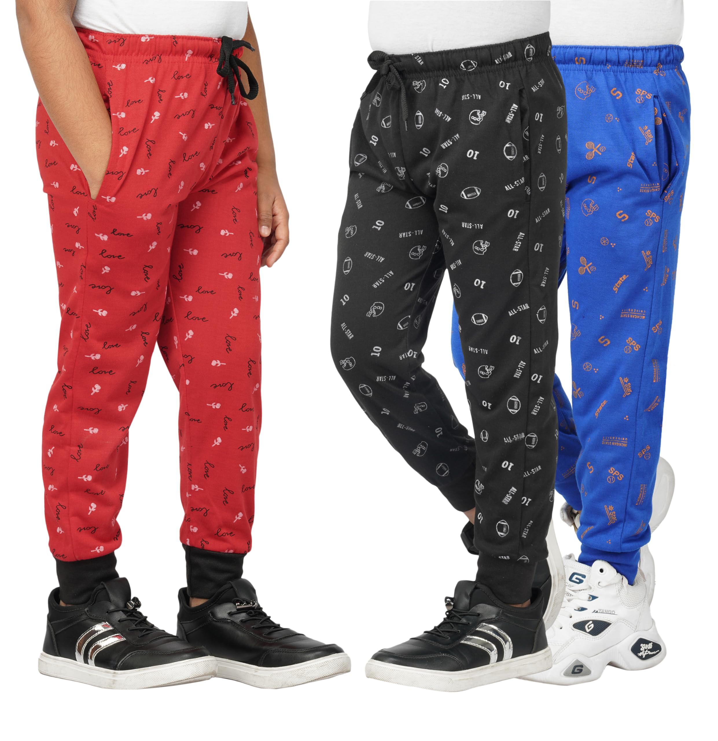 SAYAMAPack of 3 Cotton Blend Soft Fabric Gripper Stylish Kids Lower and Regular Fit Track Pants for Boys | Unisex Soft and Printed Casual Lounge Pants