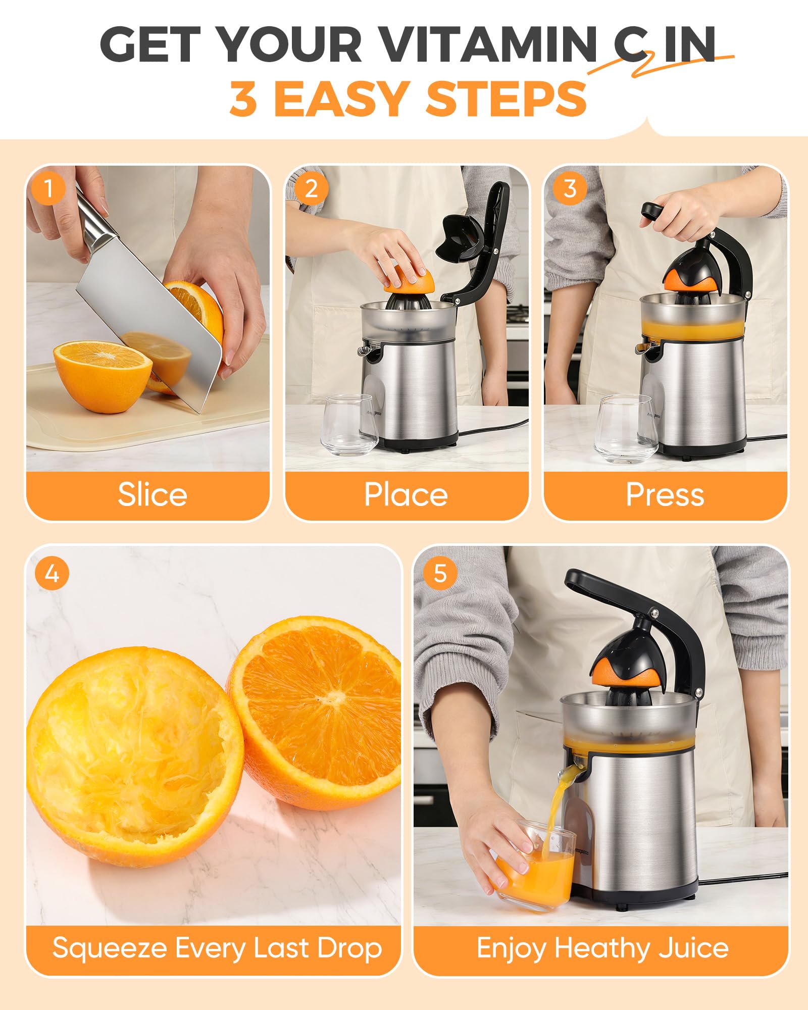 Exprimidor eléctrico de naranja, exprimidor de cítricos con 2 conos intercambiables, máquina exprimidor eléctrico de 160 W con cuerpo de acero inoxidable y colector de jugo transparente para