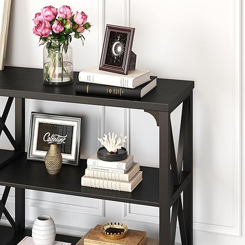 Miniatura 45 de IBF Mesa de entrada de granja, mesa consola larga rústica detrás del sofá, moderna mesa de sofá de madera de metal con estantes de almacenamiento,