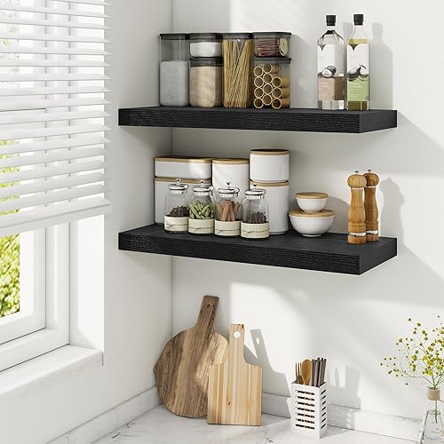Miniatura 2 de Fun Memories Estantes flotantes para pared, estantes de pared de madera rústica de 24 pulgadas para baño, dormitorio, sala de estar, estantes Negro,