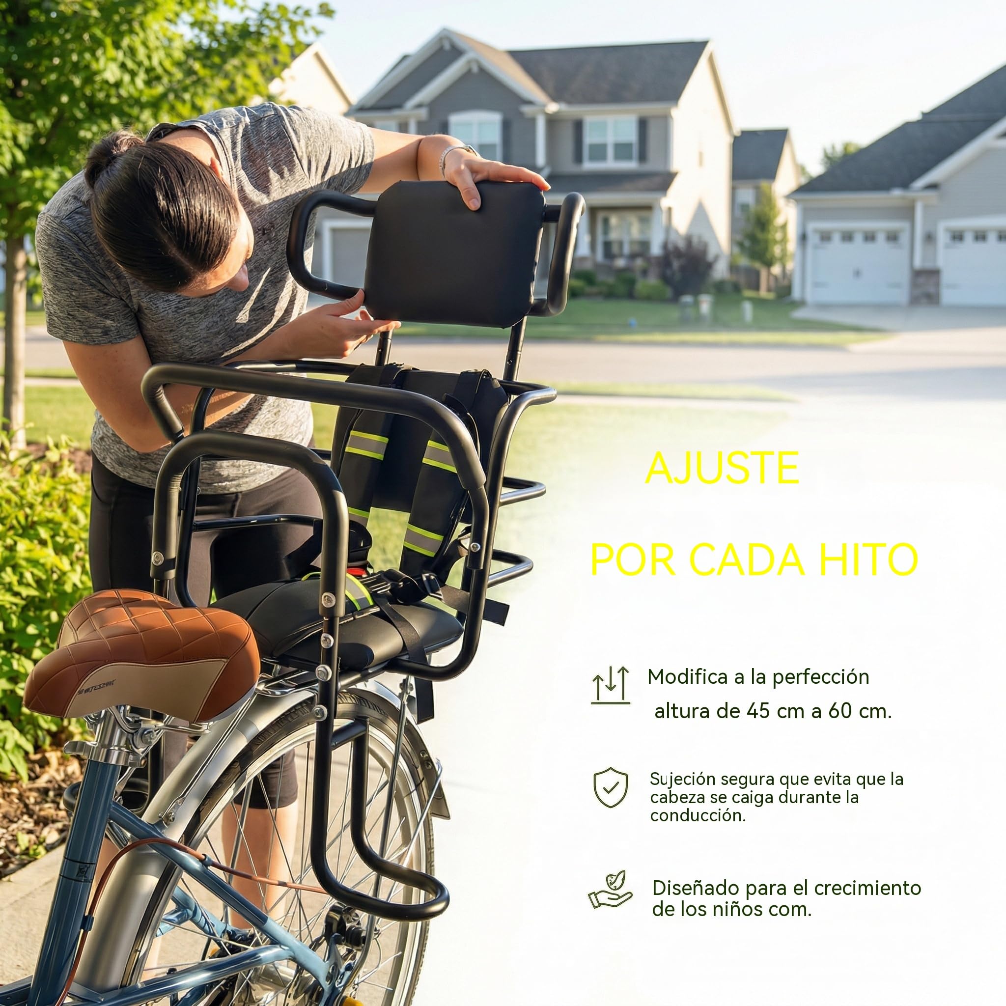 Asiento trasero para niños con reposacabezas ajustable; asiento trasero para bicicleta con reposapiés, respaldo y pasamanos. Silla portaniños para bicicleta, diseñada para edades de 18 meses a 8 años.