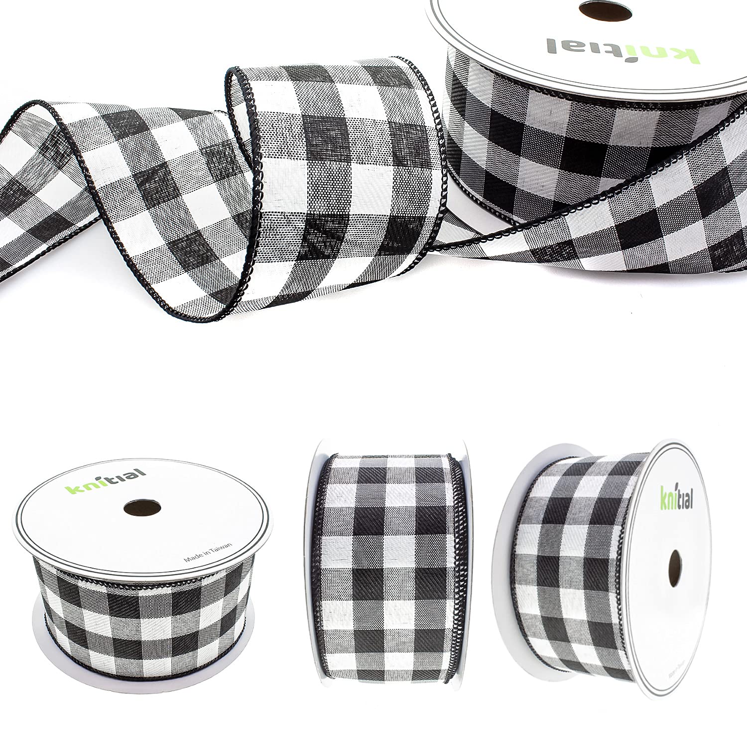 Knitial Traditional Buffalo Plaid Wired Ribbon 2-1/2 inches x 25 Yard Buffalo Check Black and White Ribbon for Gift Wrapping, Crafts, and Decorations