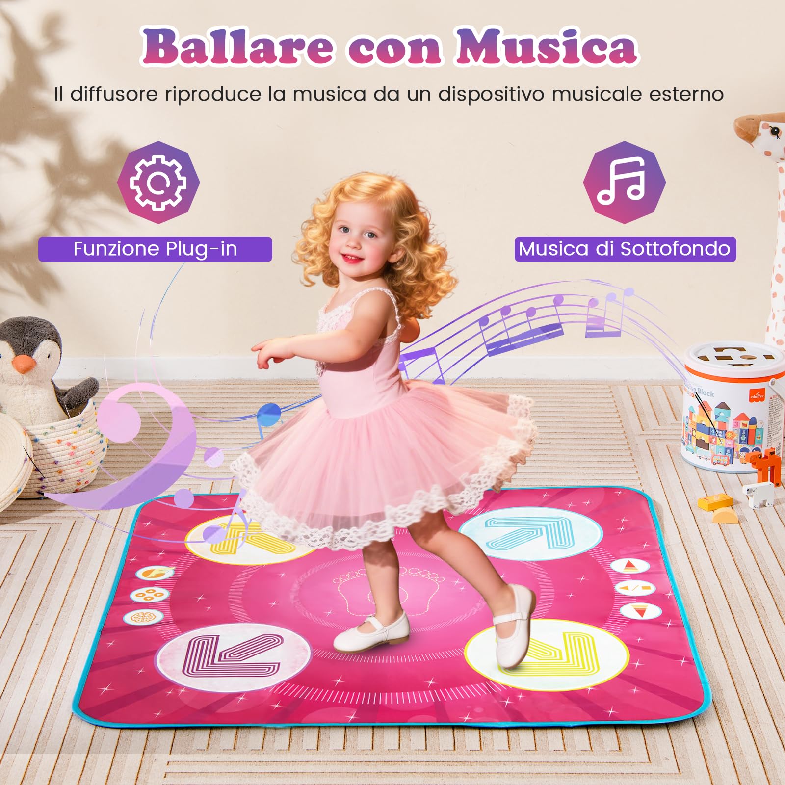 COSTWAY Tappeto da Ballo per Bambini, Tappeto Musicale Giocattolo con Luci | 8 Musiche di Sfondo, Schermo del Punteggio & Volume Regolabile, per Bambini 1+ Anno