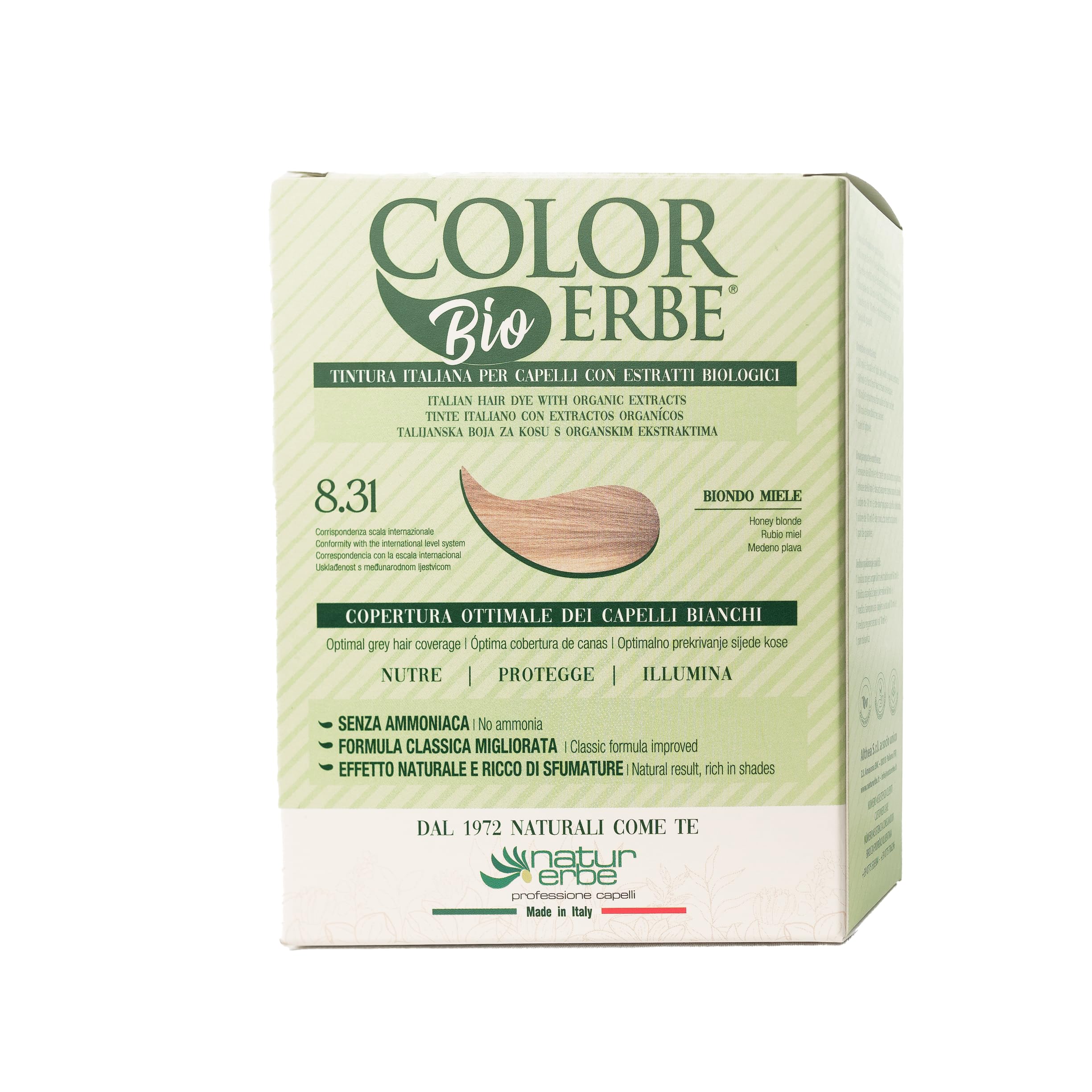 Tintura con estr. bio "​biondo colore miele" (8.31) -​Colorazione Permanente in GelSenza Ammoniaca,​Resorcina,​ParabeniCopertura Ottimale Capelli BianchiNutreProteggeIllumina'MadeInItaly