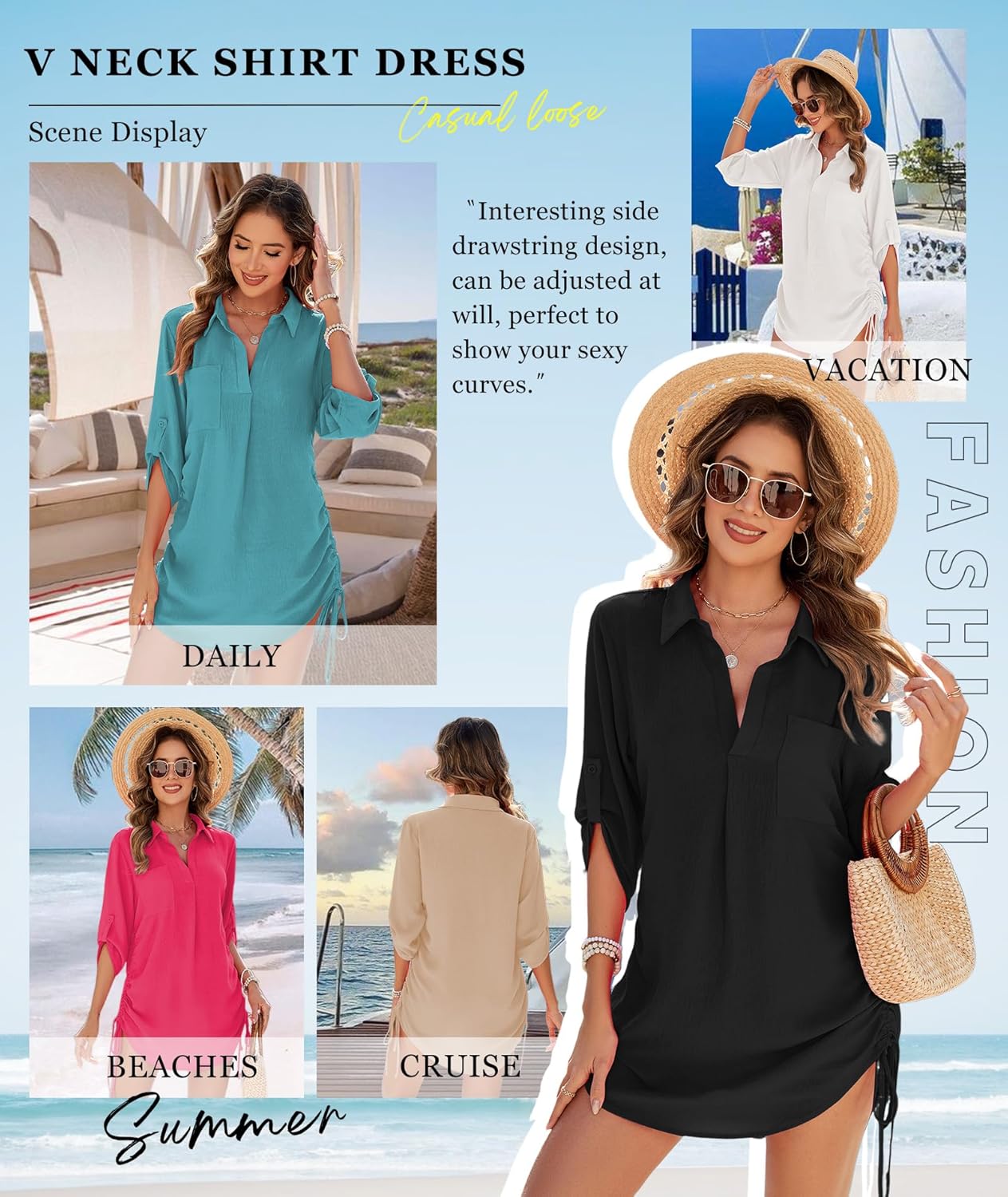 Urchics Swimsuit Coverup for Women 2025 Drawstring V Neck Bikini Swimwear Beach Cover Up Beach Shirt Dress - Image 4