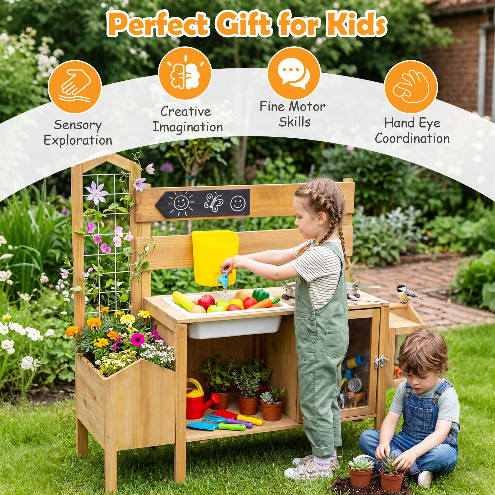 FANTASK Matschküche Outdoor mit Wassertank und Kochzubehör Spielküche | Inklusive Spüle, Wasserhahn, Rankgitter und Pflanzkasten für kreatives Gartenspiel ab 3 Jahren