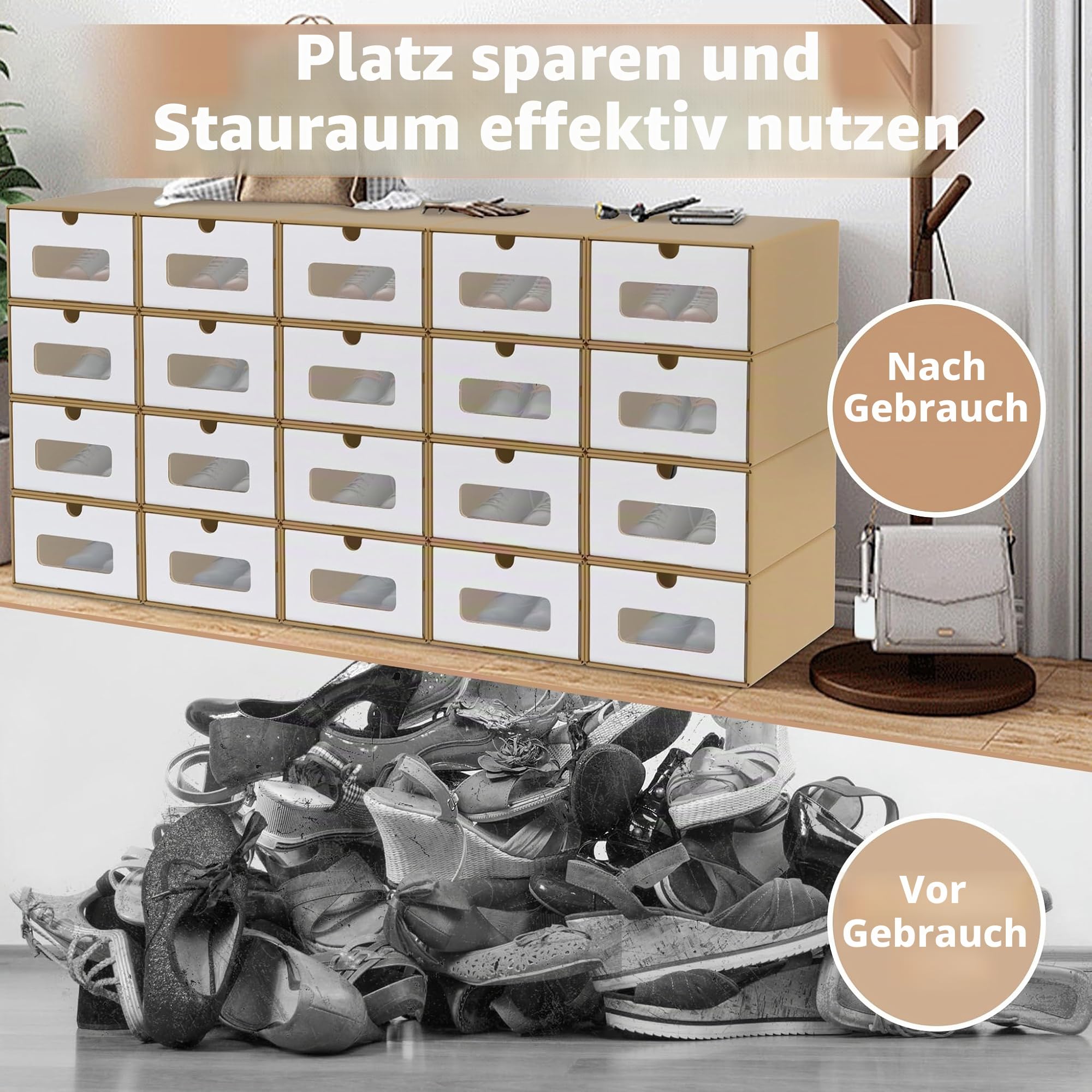 NAIZY Schubladenbox 20 Stück Schuhorganizer 34.5x23.5x13.5 cm Schuhboxen Stapelbar Kraftpapier Schubladenbox mit Deckel & Fenster für Schuh & Zubehör