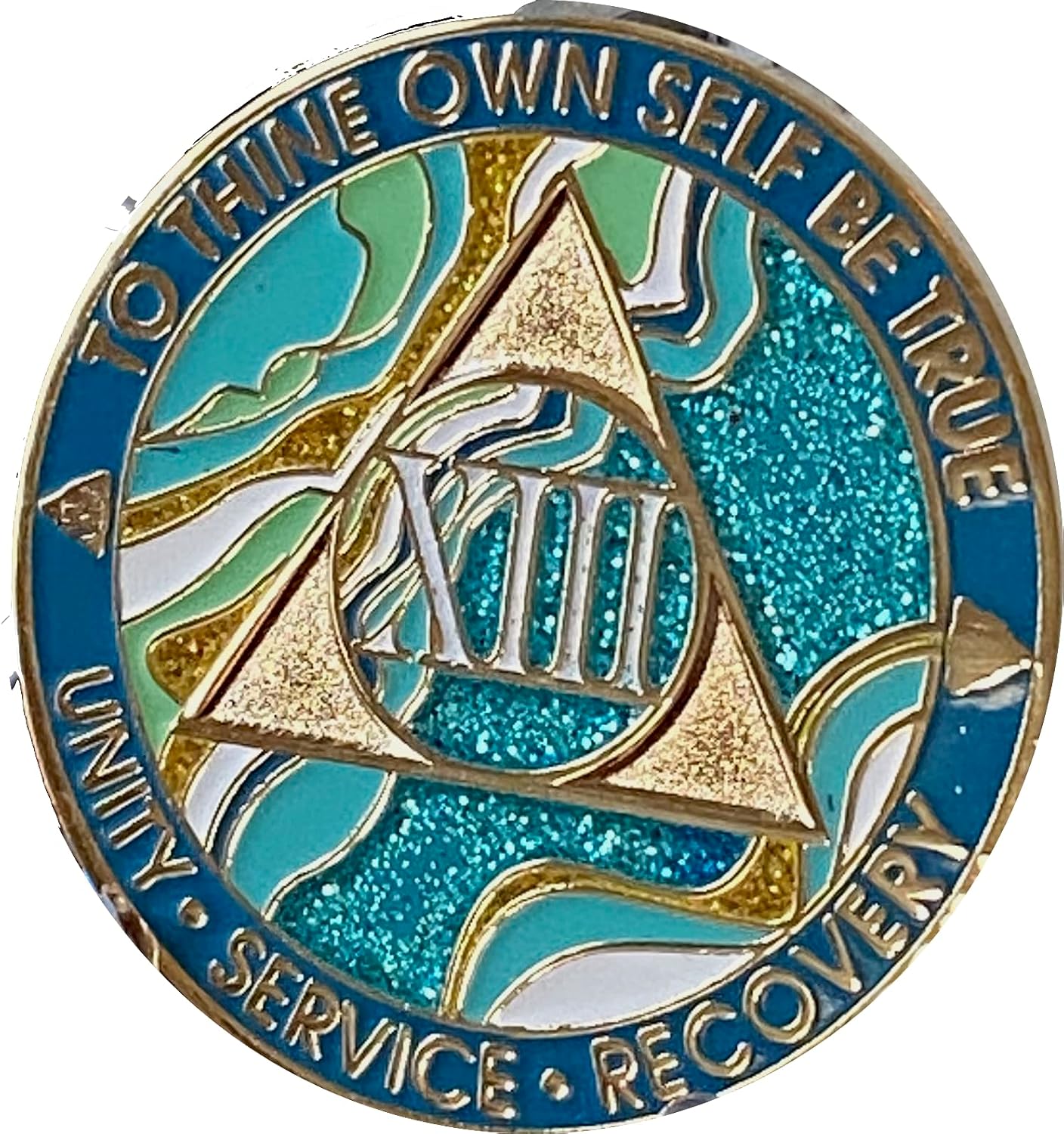 13 Year AA Medallion Elegant Marble Caribbean Aqua Glitter Blue Gold Plated Chip XII