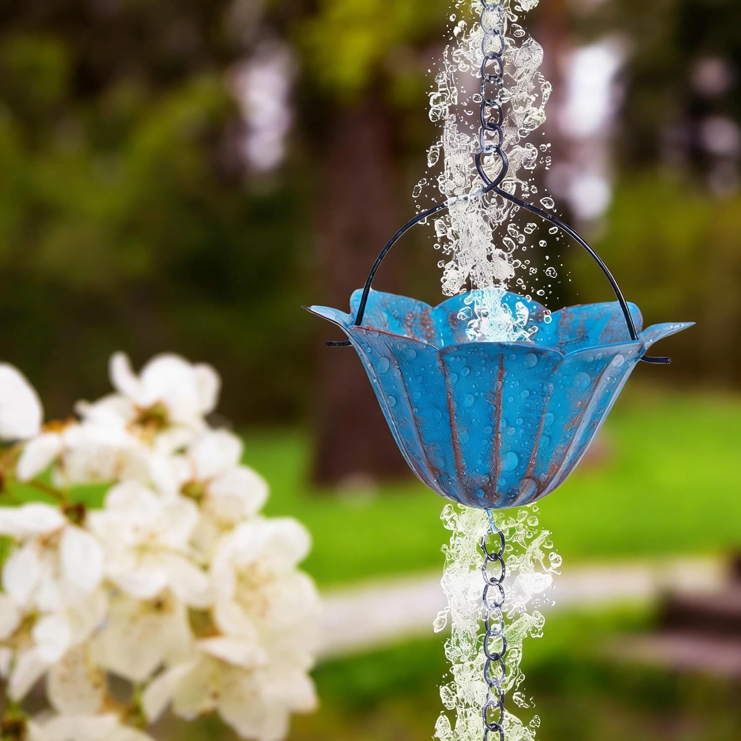 94.5 in Rain Chain for Gutters, 8 Hummingbird & 7 Tulip Cups Rain Catcher Chain, Decorative Metal Downspout Alternative for Outdoor Garden, Porch & Yard, Blue