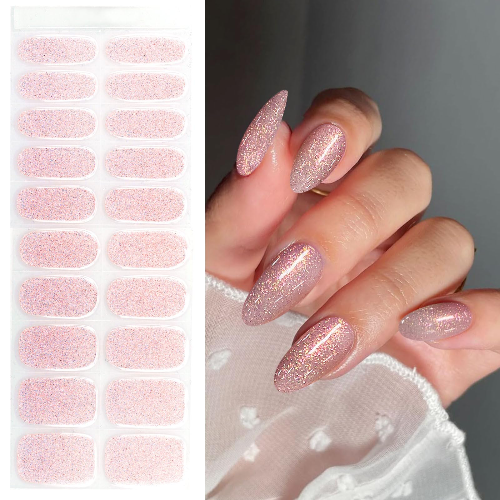 JMEOWIO Gel Nail Stickers Light Pink Glitter Semi Cured Gel Nail Strips Wraps UV/LED Nails Art Design Decoration Accessories