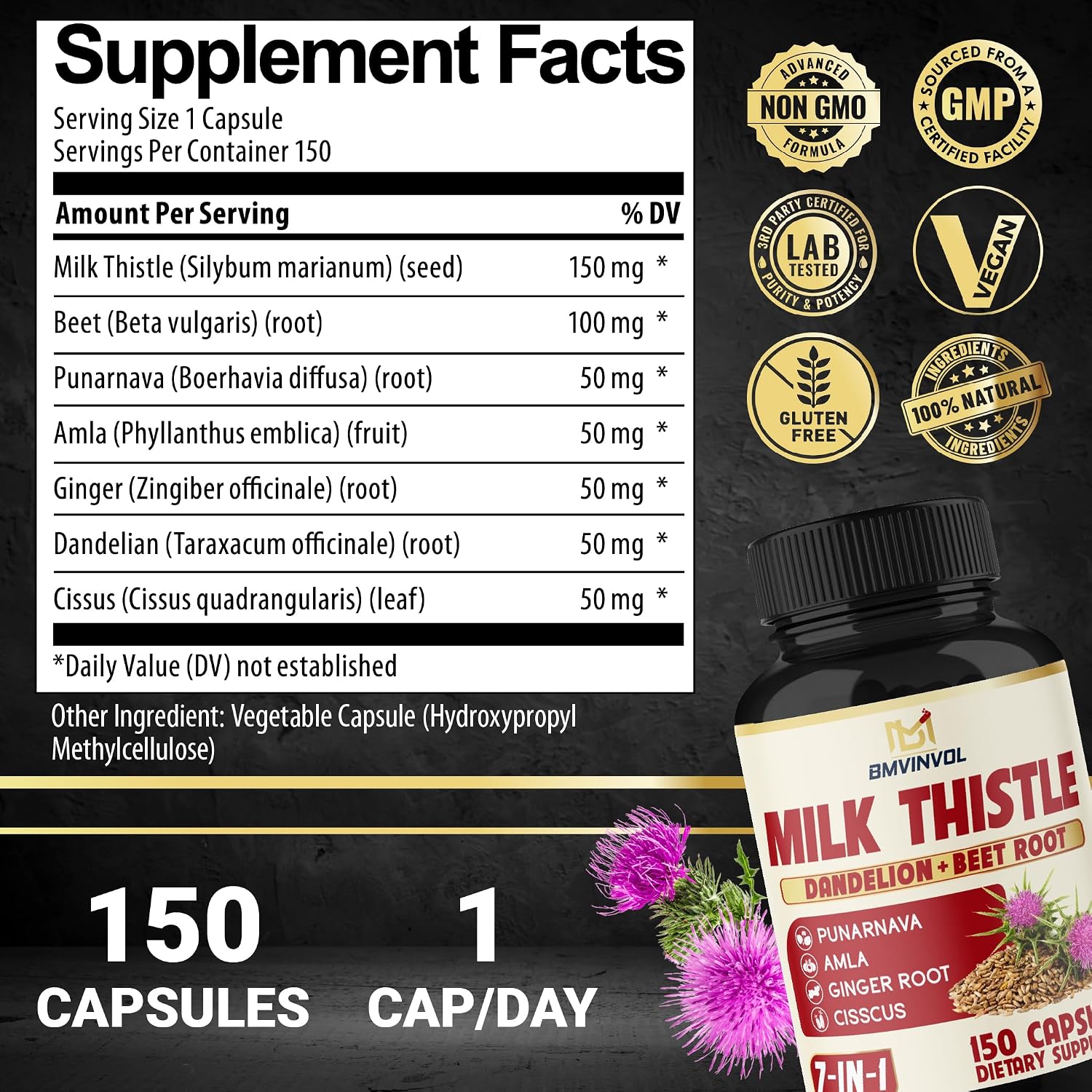 BMVINVOL Milk Thistle Capsules with Beet Root, Punarnava, Amla, Ginger, Dandelion, Cissus - 150 Count - 5 Month Supply - Image 2