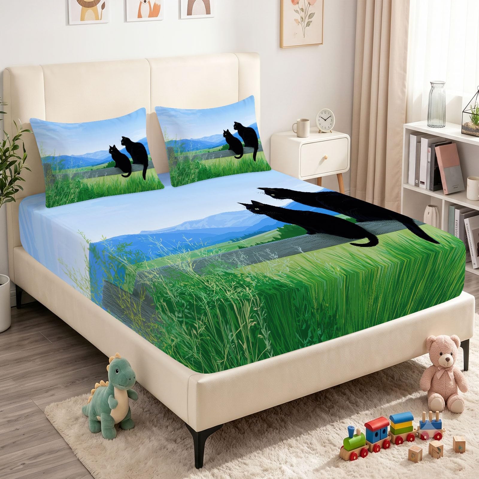 Juego de sábanas bajeras ajustables de 3 piezas, 180 x 200 cm, diseño de dibujos animados, gato azul y cielo, de microfibra, suave, con 2 fundas de almohada de 80 x 80 cm, colchones de hasta 30 cm