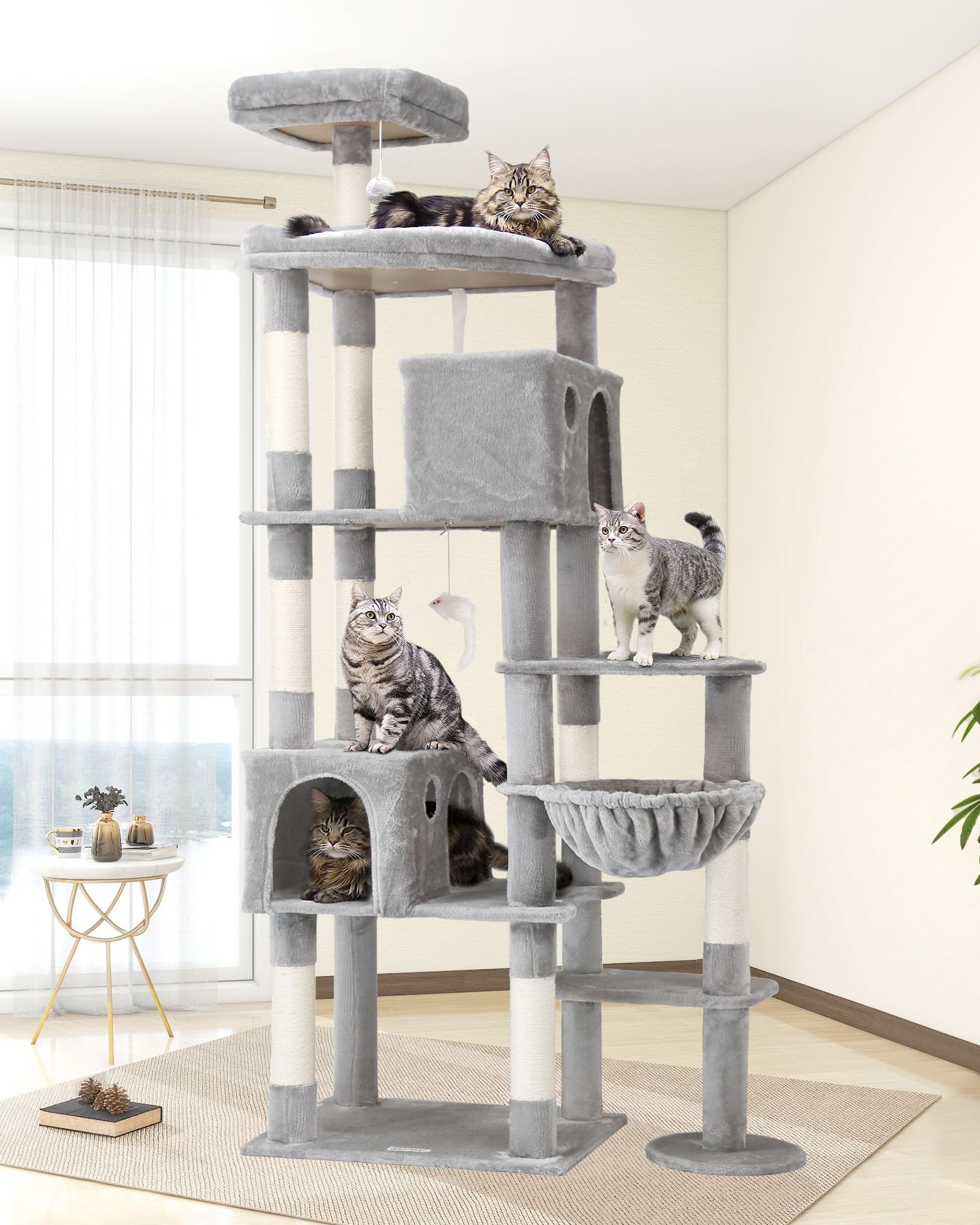 Globlazer Cat Tree Tower XXL for Indoor Large Cats 213 cm with 2 Spacious Cat Caves, Roomy Padded Platform, Sisal Scratcher Posts, Sturdy Cat Tree Tower for Heavy Cats Adult (F83, Light Gray)