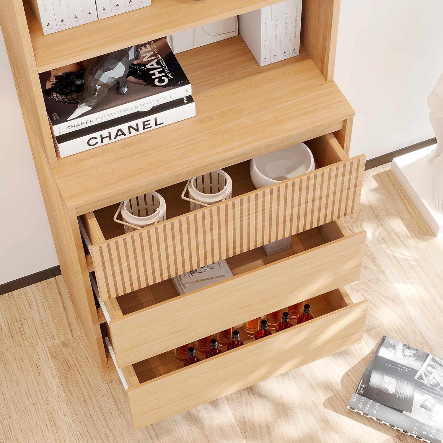 VOWNER Wood Bookcase, 71'' Freestanding Tall Storage Cabinet with 2 Tempered Glass Doors, Modern Kitchen Cupboard Large Floor Cabinet for Kitchen, Living Room, Home Office