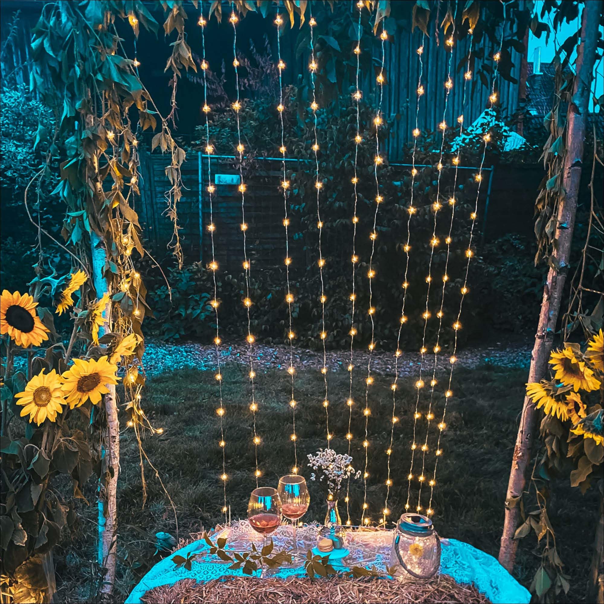 hellum LED Lichtervorhang innen mit 20 Strängen und 300 LEDs in Tauperlenform, beleuchtet 1,90m x 1,50m mit Timer, warmweiß, Lichtervorhang für außen, Weihnachtsbeleuchtung, <59 Lumen 152951