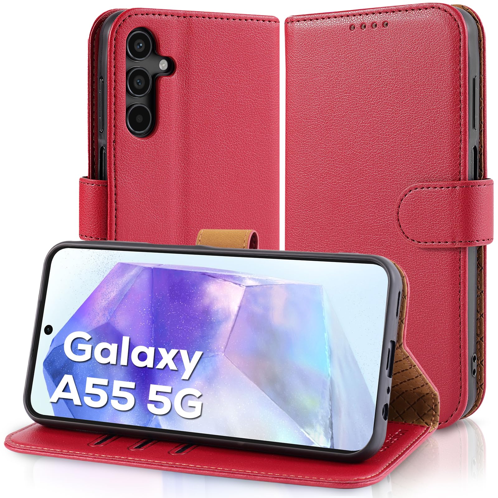 EASDNB Samsung Galaxy A55 5G Custodia in pelle rossa Custodia a portafoglio con funzione di supporto