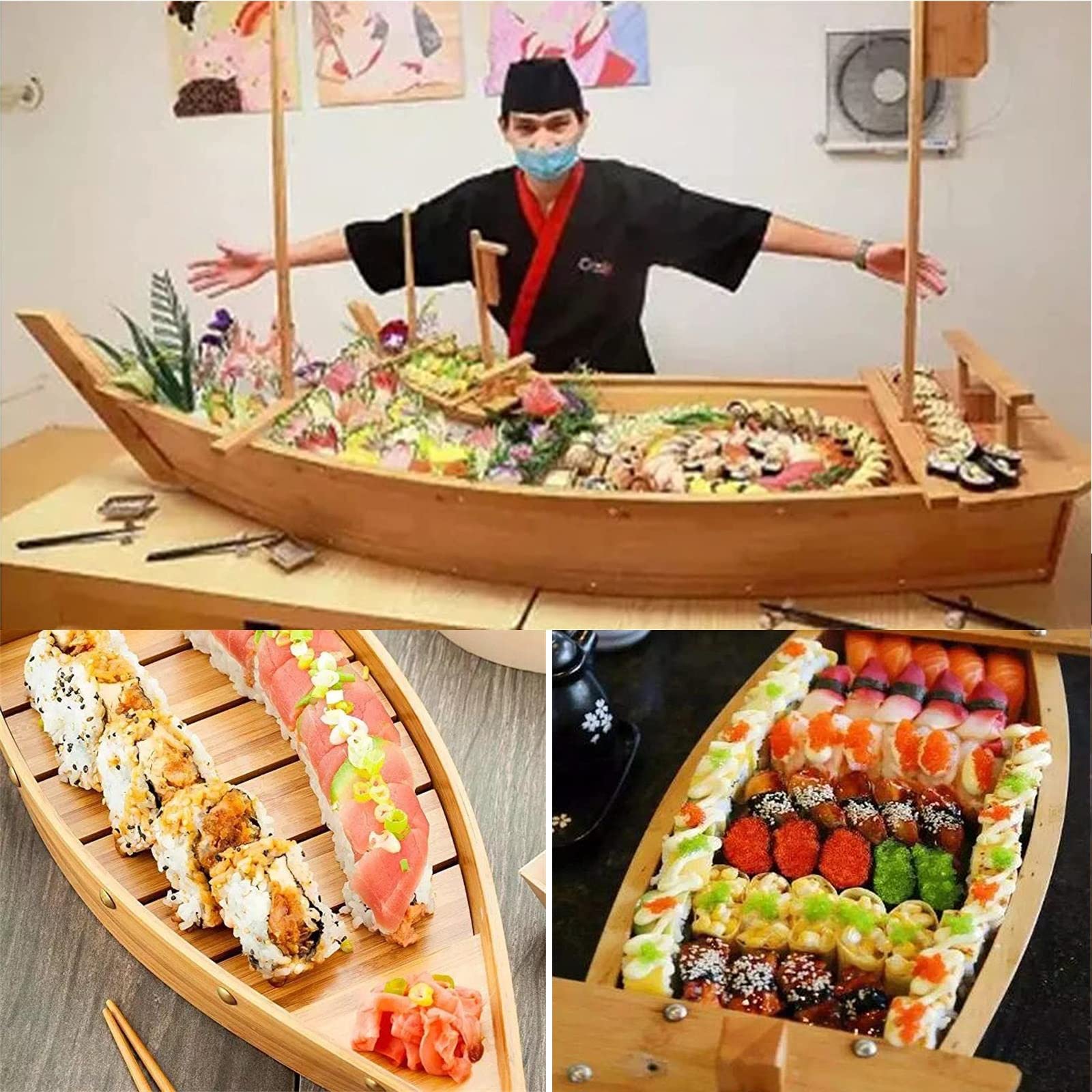 Plateau de service en forme de bateau à sushis en bois – Plateau de service pour restaurant ou maison, plateau de nourriture pour service à sushis
