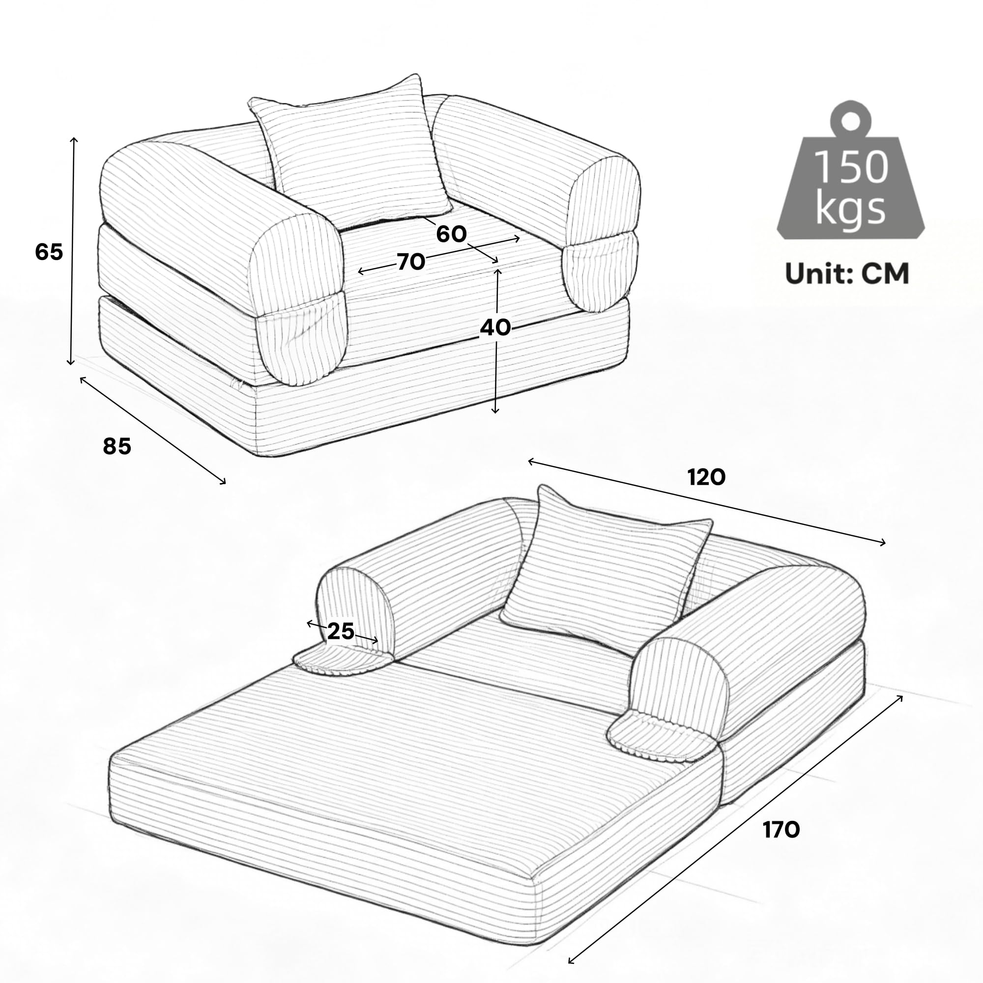 Anself Cosmo 2-in-1 Poltrona Letto Singola in Cord, con Cuscino