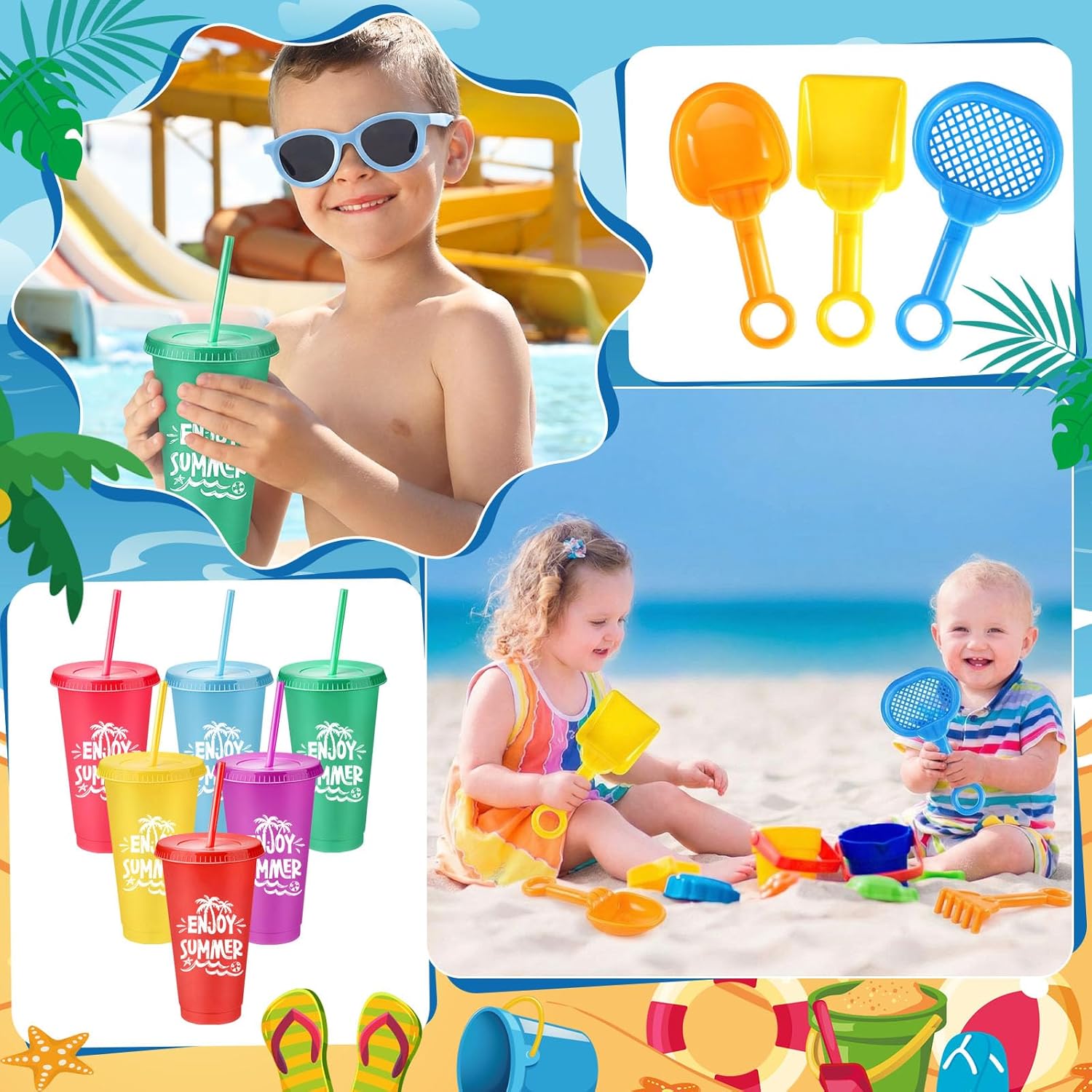 Honeydak 6 Set Beach Party Favors End of Year Gift Pool Party Favors Summer Mesh Drawstring Bag Tumbler Beach Shovels Bulk for Pool Games Birthday Decor Summer Graduation Student Gifts