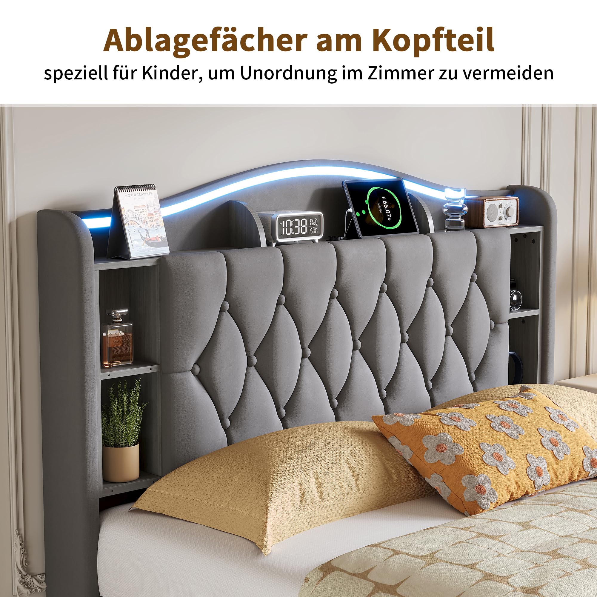 Letto Matrimoniale Contenitore 160x200 cm, con Archiviazione Idraulica, Deposito Nella Testata, LED, Ricarica Wireless e USB. Struttura in Velluto Grigio, Rete in Doghe di Legno, Senza Materasso
