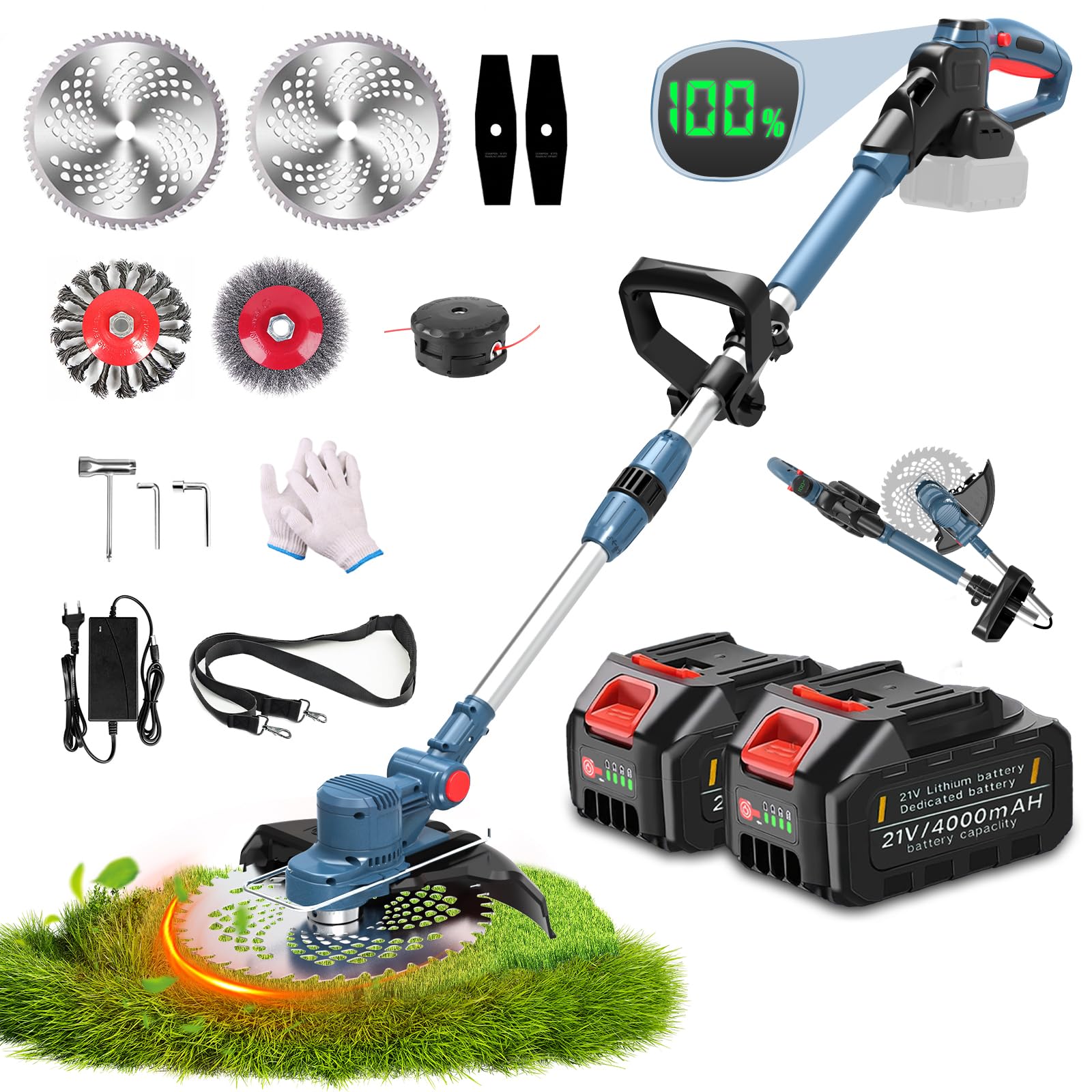 Desbrozadora con batería y Cepillo para Malas Hierbas, 5 en 1, desbrozadora con batería, 2 baterías de 4,0 Ah, se Puede Plegar, 9 Pulgadas de Ancho de Corte sin escobillas, desbrozadora eléctrica