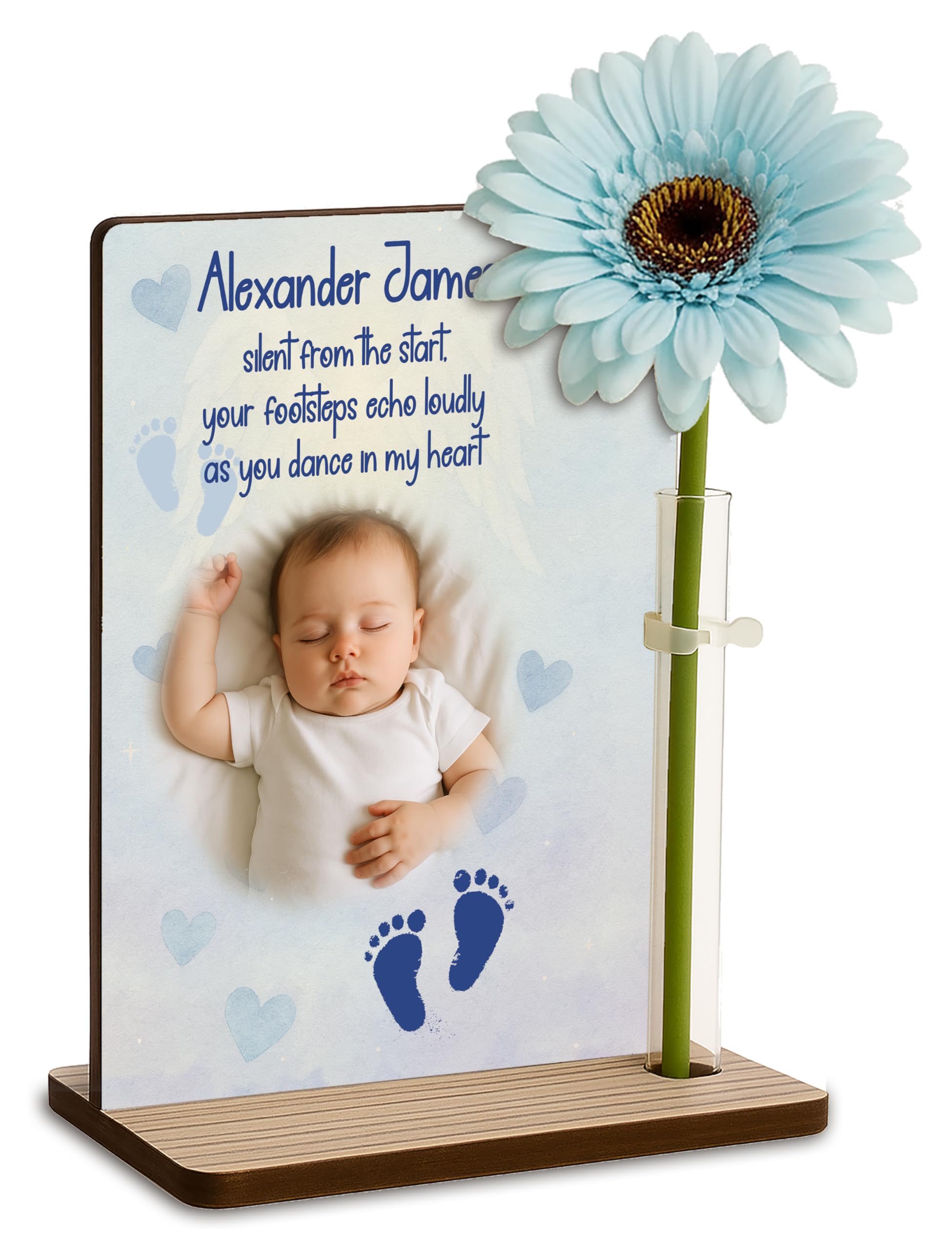 The Plum Penguin Baby Steps Echo (Blue) Personalised Baby Loss Memorial Wooden Plaque With Artificial Flower Miscarriage Remembrance Angel Keepsake Ornament Gift (Baby Steps Echo (Blue))