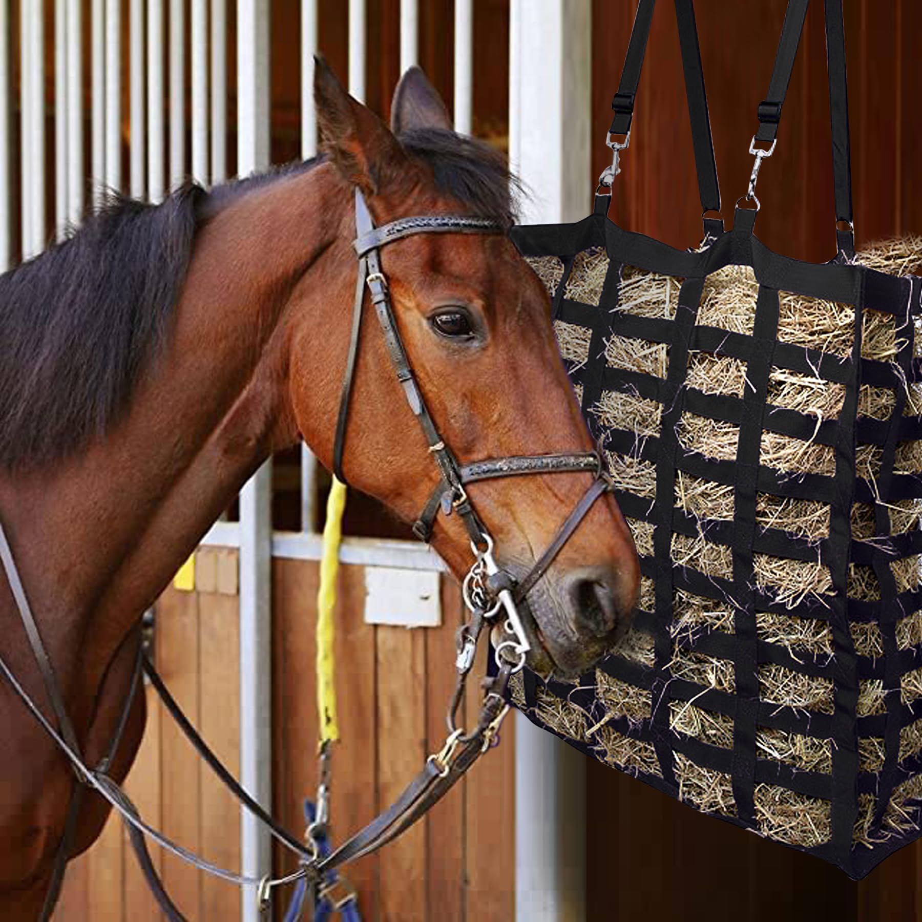 dellyy Heutasche Pferd, Heusack Heunetz für Pferde Groß, Pferde Futtersack, für Pferde Heuraufe, Oxford-Stoff (Black Grid, L)