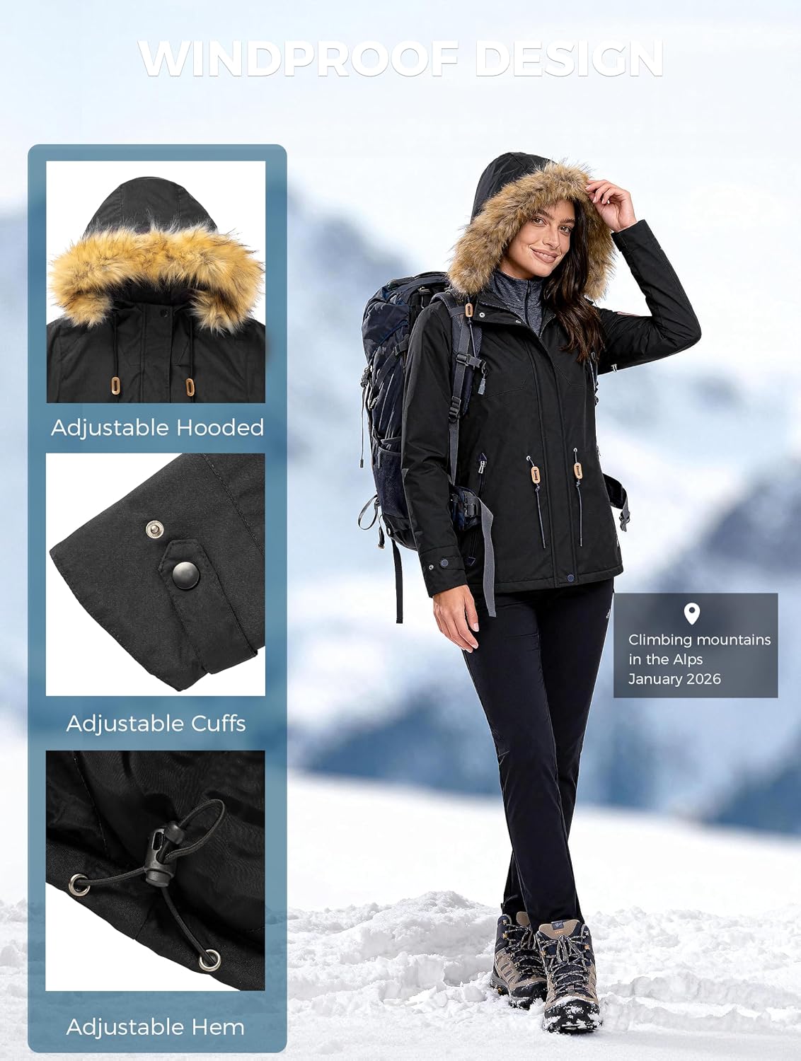 wantdo Women's Waterproof Ski Jacket Hooded Winter Snow Coat Mountain Snowboarding Jackets Insulated Fleece Parka