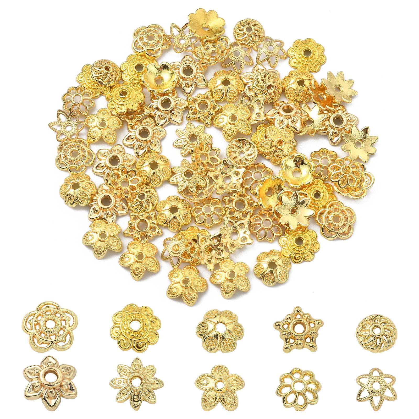 UR URLIFEHALL 100 Pcs 10 Styles Hollow Flower Bead Caps Brass Floral Bead End Caps Spacer Beads for Jewellery Making DIY Craft Making