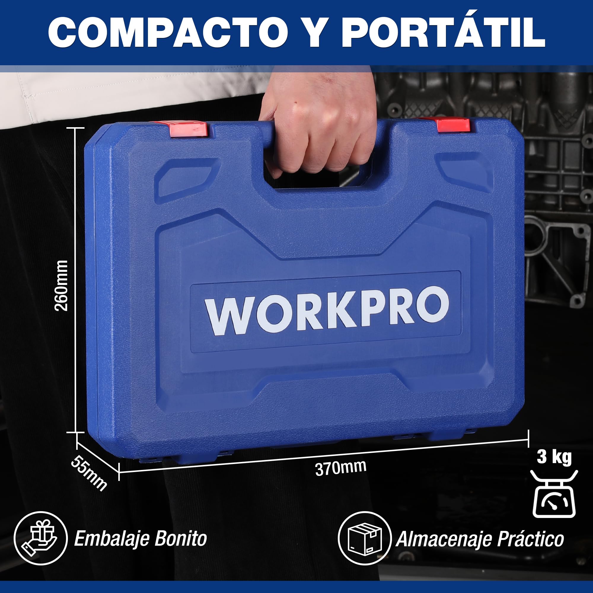 WORKPRO Juego de 60 Piezas de Llaves de Vaso y Puntas Torx, de 1/4", 3/8" y 1/2", Vasos Hembra E-Torx E4-E24, Vaso de Ajuste a Presión T6-T70, Acero Aleado Cr-V y S2