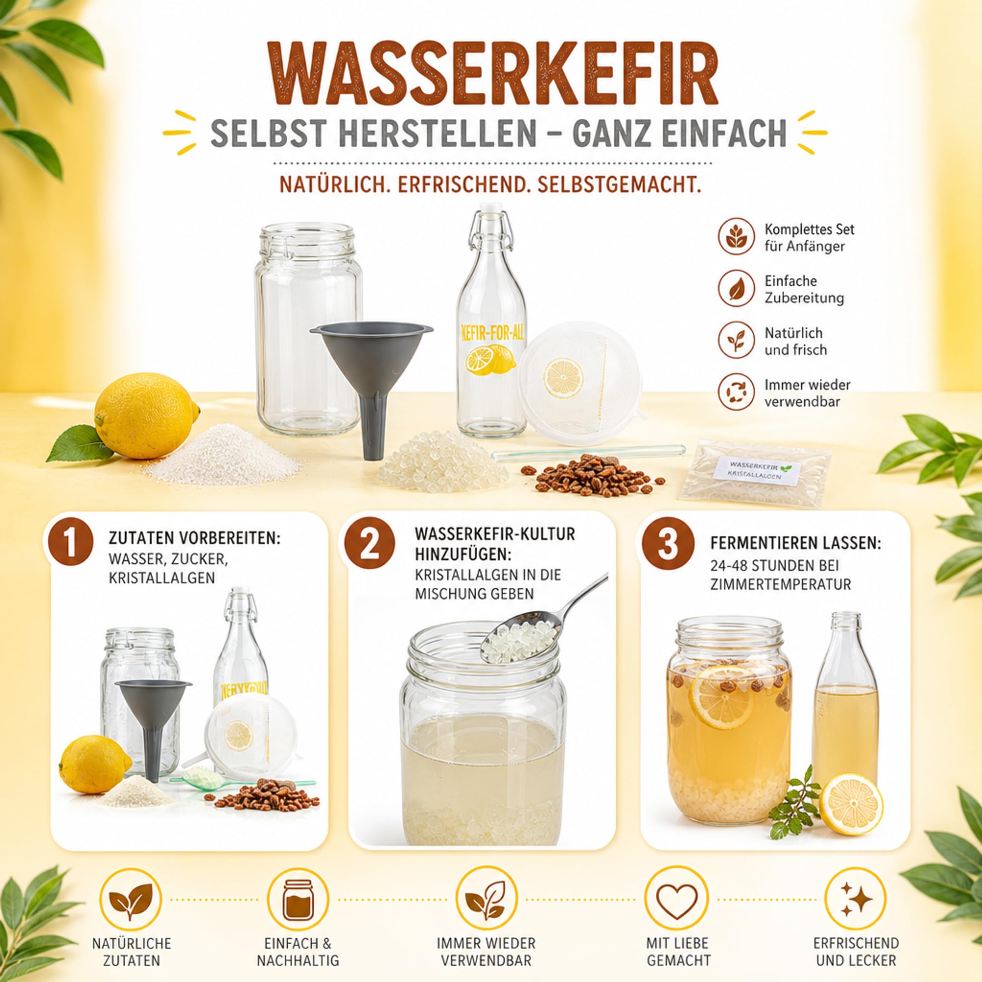 Kefir-for-all, Starterset für Kristallalgen, Wasserkefir, Japankristalle zur Herstellung von veganem Wasserkefir