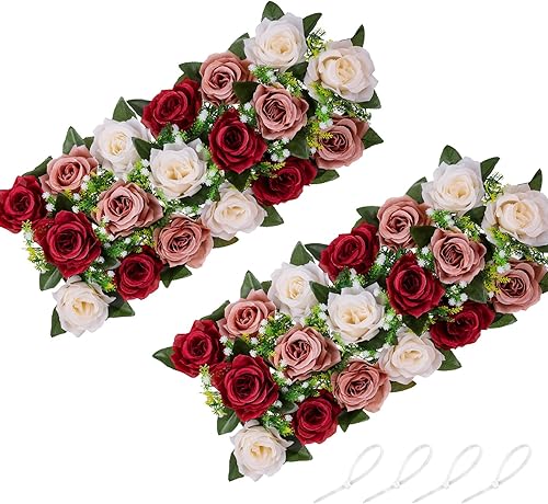 NUPTIO Centros de mesa de boda de flores para mesas, 2 piezas de 19.6 pulgadas de largo, color burdeos, rosas polvorientas y blanco cremoso,