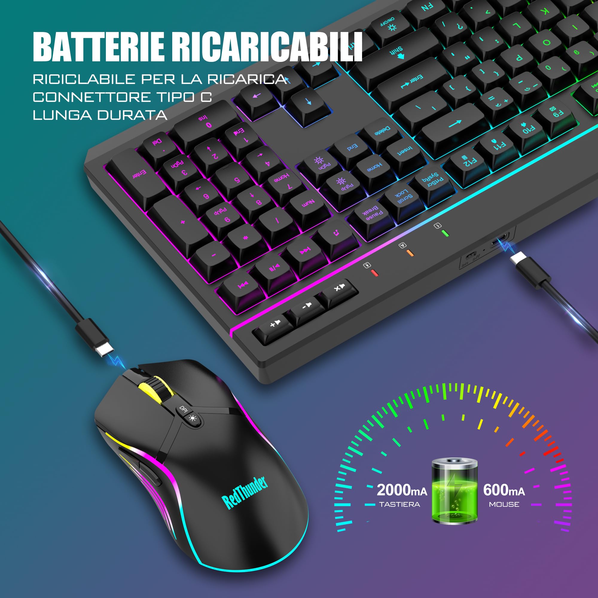 RedThunder K20 Combo Tastiera e Mouse Wireless, Tastiera Full-Size Anti-ghosting con Tasti Multimediali + Mouse Ottico 7D 4800DPI, Set da Gioco/Ufficio RGB Ricaricabile per PC Laptop Mac Xbox (Nero)