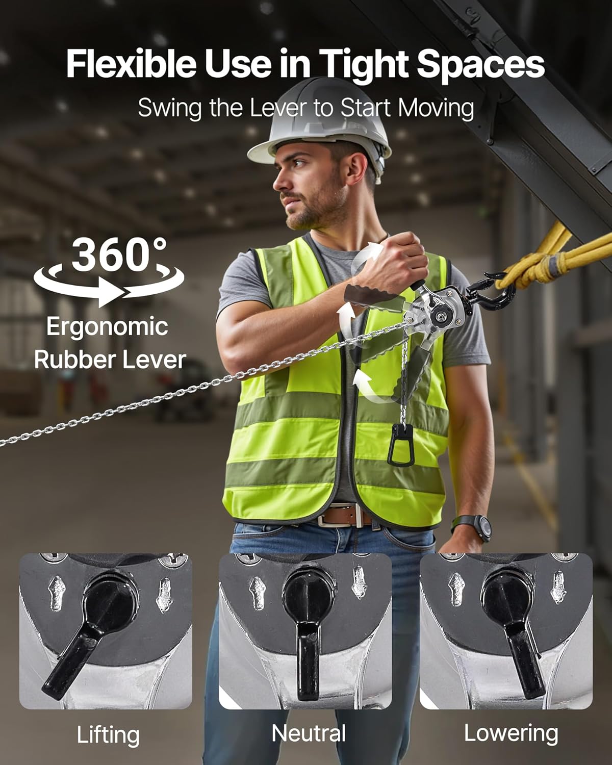 VEVOR Manual Lever Chain Hoist, 1/4T 550LBS Capacity Heavy Duty Come Along, 10FT Lift G80 Alloy Steel Chain with Dual Pawl Mechanical Brake,360°Rotating Hooks, for Warehouse Construction Garage - Image 6